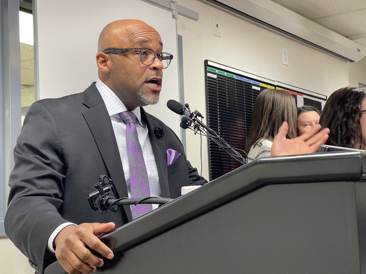 Mayor Michael B. Hancock discusses the unfolding immigration crisis and costs during a press conference on Dec. 15, 2022. (NICOLE BRAMBILA/THE DENVER GAZETTE)
