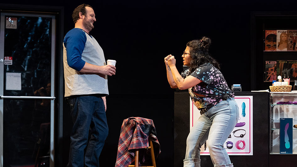 Eric Slater and Satya Chávez in the Goodman Theatre's 'This Happened Once at the Romance Depot off the I-87 in Westchester,' running through Dec. 18 in Chicago. (LIZ LAUREN/GOODMAN THEATRE)