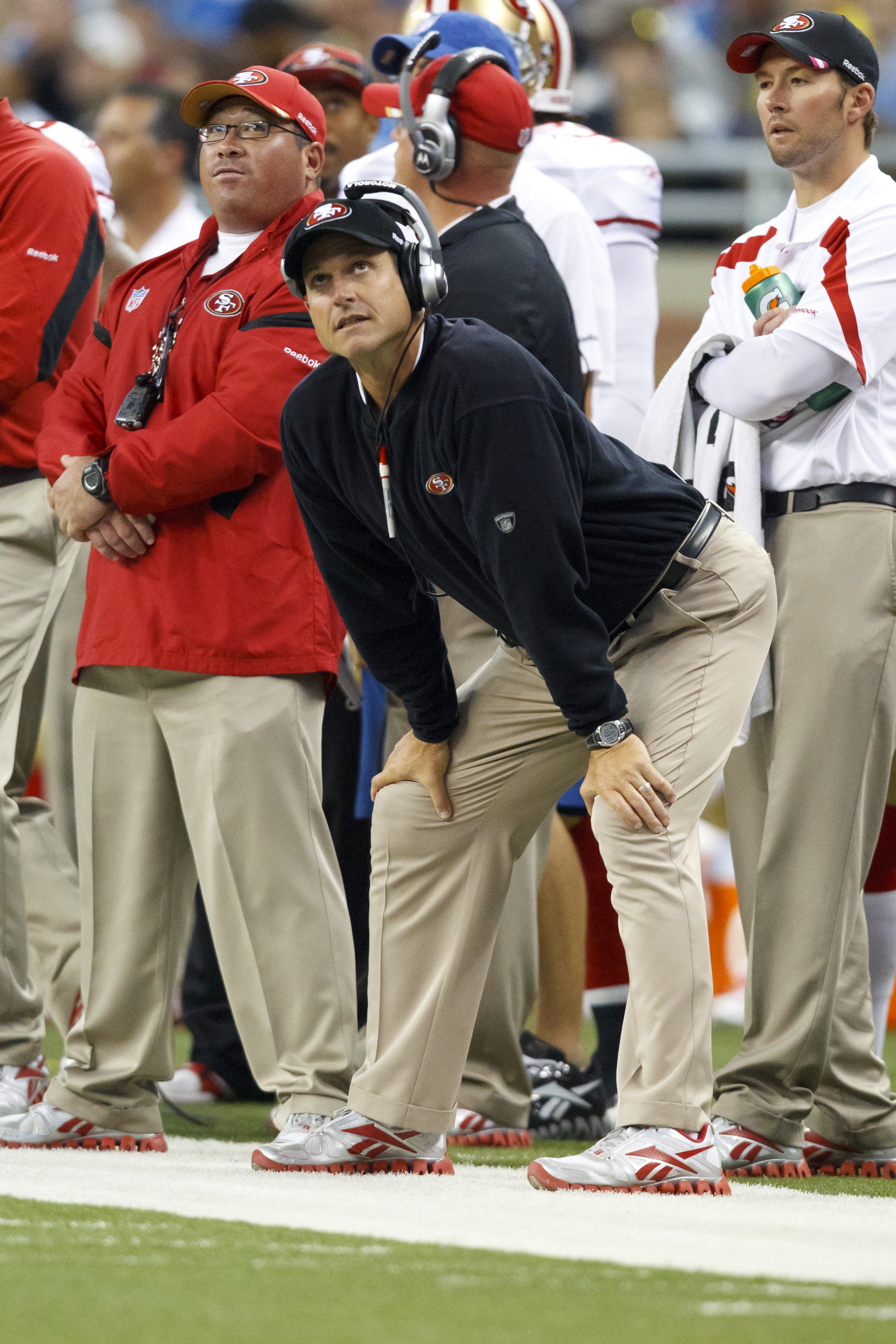 San Francisco 49ers head coach Jim Harbaugh watches the clock at the end of in the second quarter of an NFL football game against the Detroit Lions in Detroit, Sunday, Oct. 16, 2011. (AP Photo/Rick Osentoski) (Rick Osentoski)