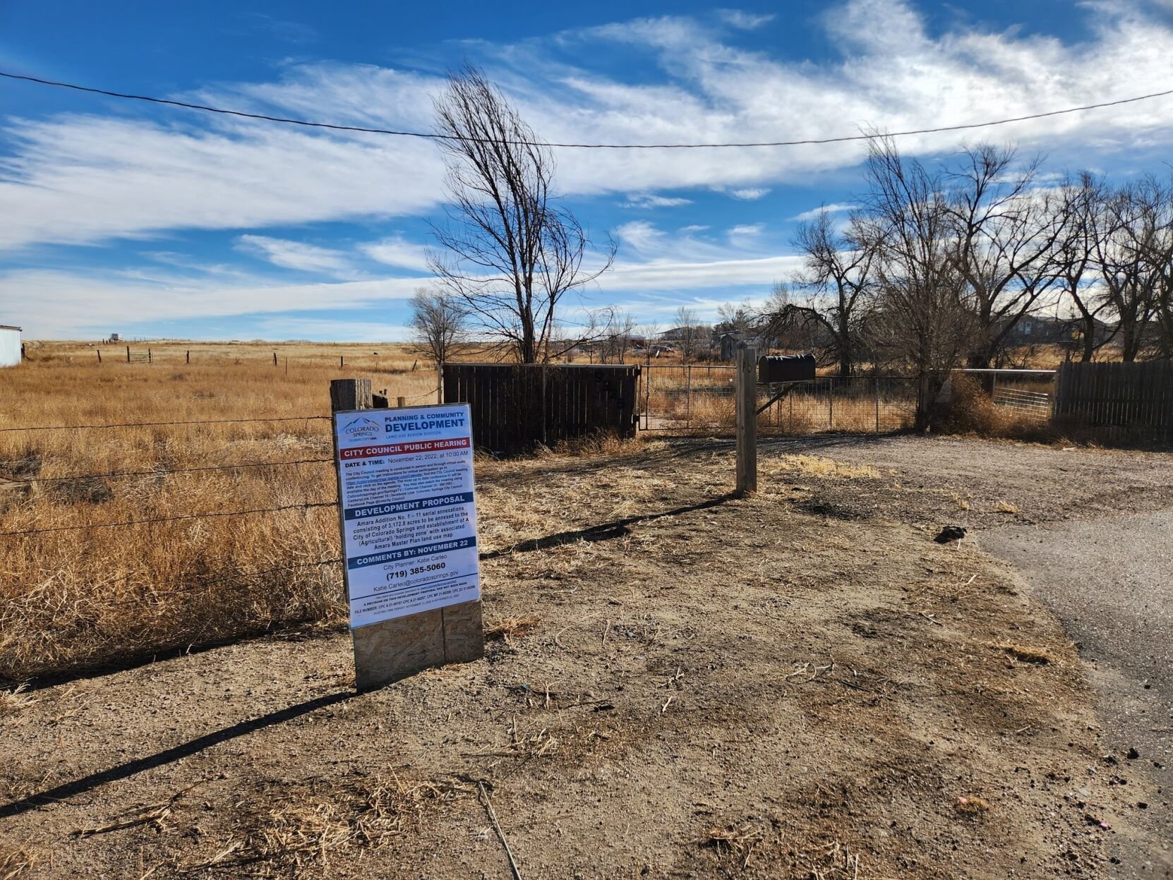 A sign with information about a 3,200 acre parcel asking to join the city of Colorado Springs is pictured near the property on the eastern edge of Fountain during December 2022. The property could be blocked from joining the city by a new water rule. Mary Shinn/The Gazette