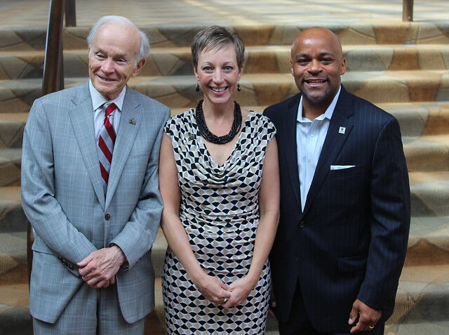 Michael Hancock attended a press conference in 2016 to announce the appointment of Janice Sinden to succeed Daniel L. Ritchie as the Denver Center's CEO. Sinden had been Hancock's Chief of Staff. (JOHN MOORE/DCPA)
