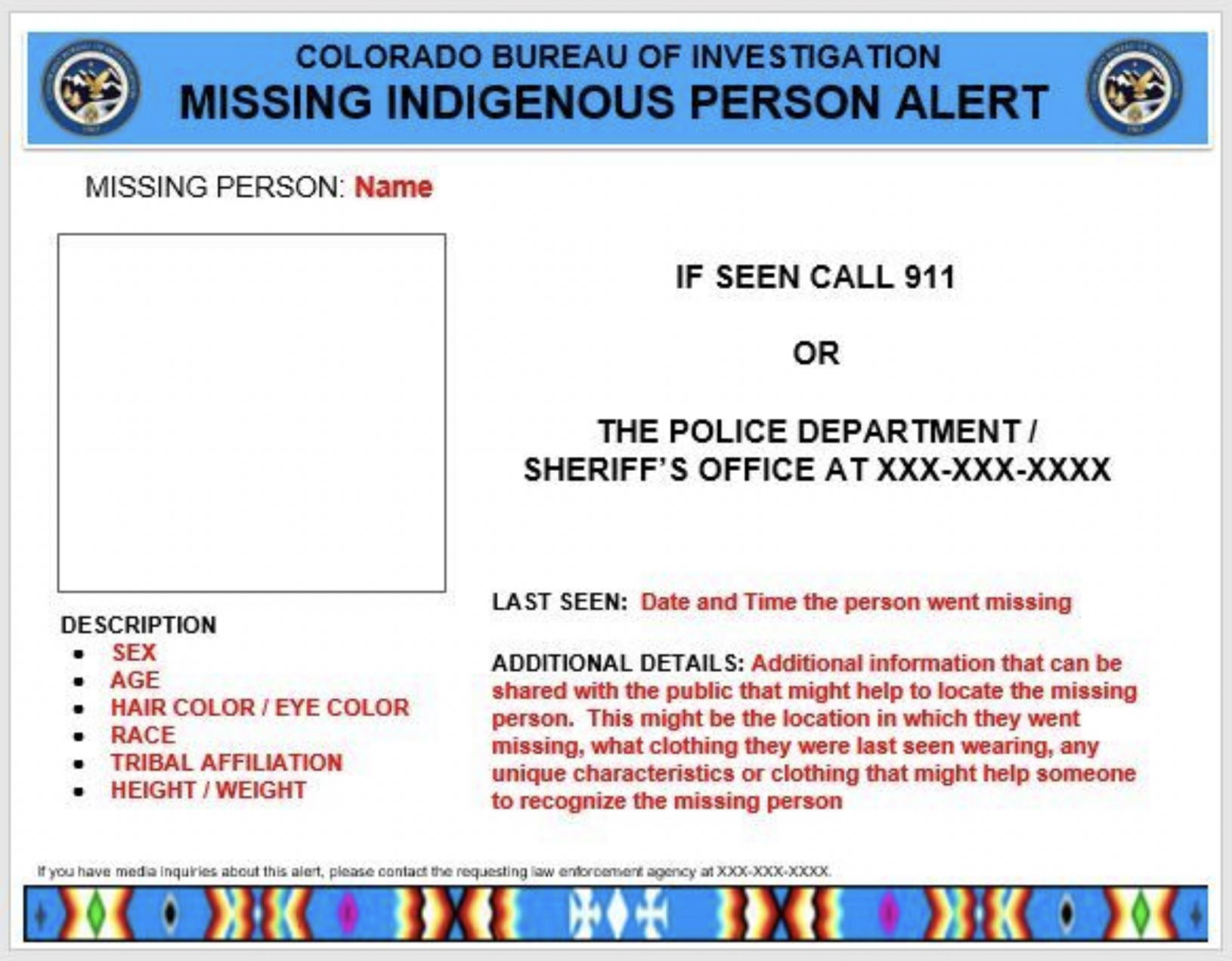 A sample of Colorado's new Missing Indigenous Person Alert. (The Colorado Bureau of Investigation)