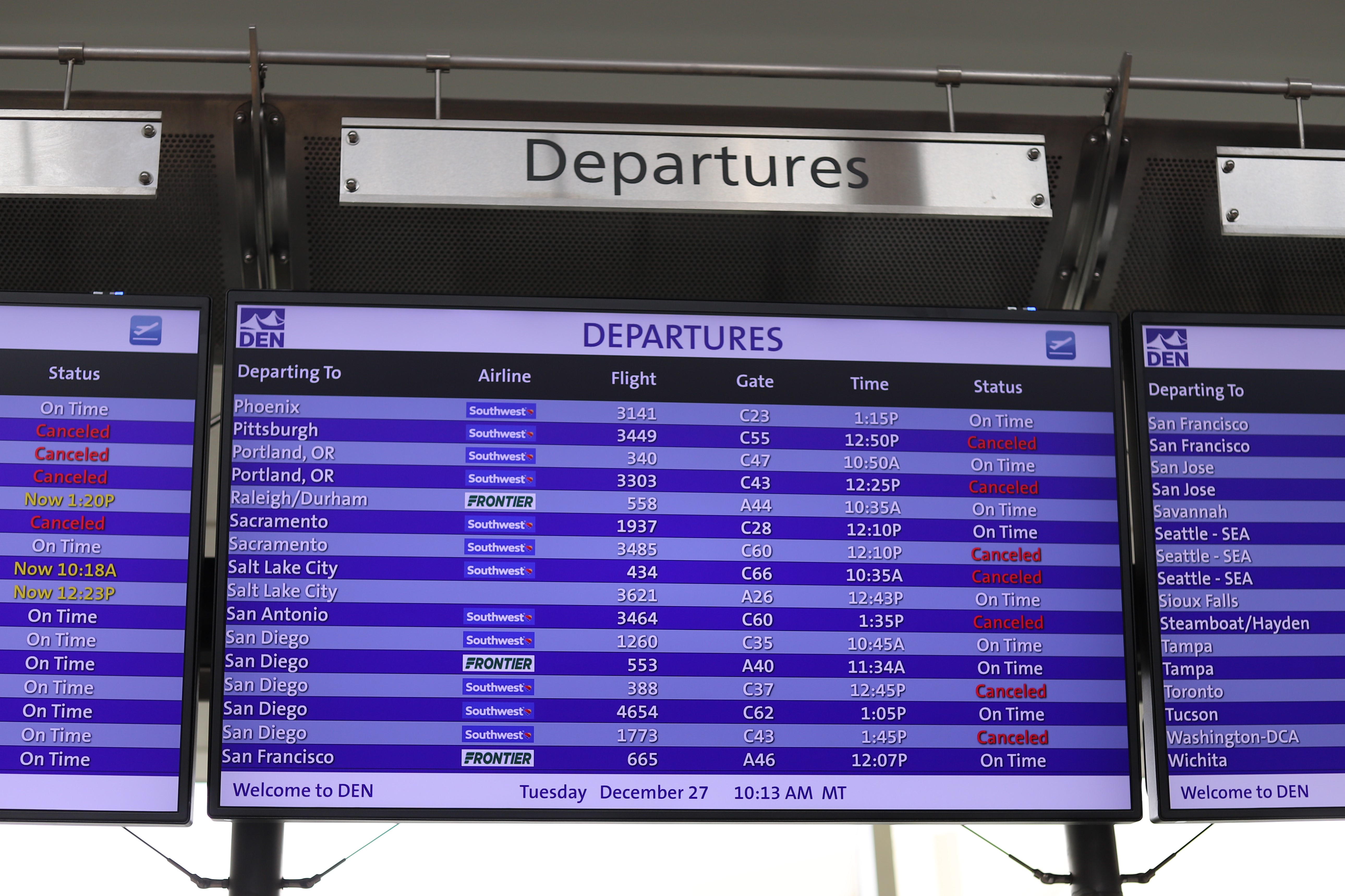The flight board showing departures from Denver International Airport Tuesday Dec. 27, 2022. (KylaPearceAurora reporterkyla.pearce@denvergazette.comhttps://denvergazette.com/content/tncms/avatars/2/16/1e5/2161e54a-3f47-11ed-bc0c-ff41892600ae.4fb8f678b9b96eab286c33c5af828fe7.png)