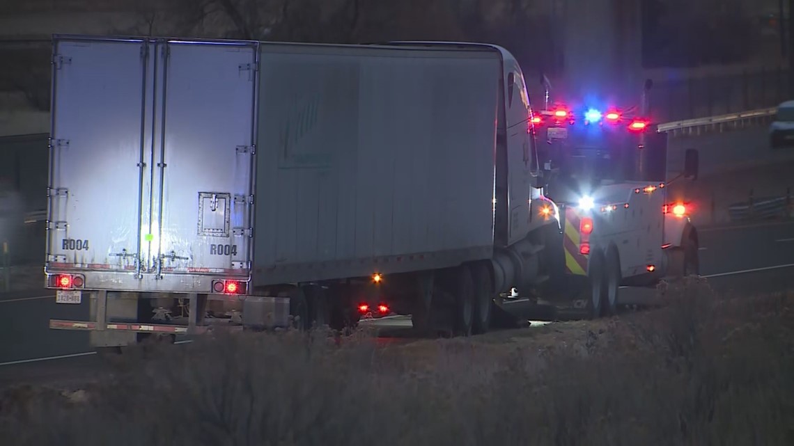 Fountain Police stop the semi-truck being driven by Erick Mejia, 31, and arrested him on suspicion of vehicular homicide. (COURTESY OF KRDO)