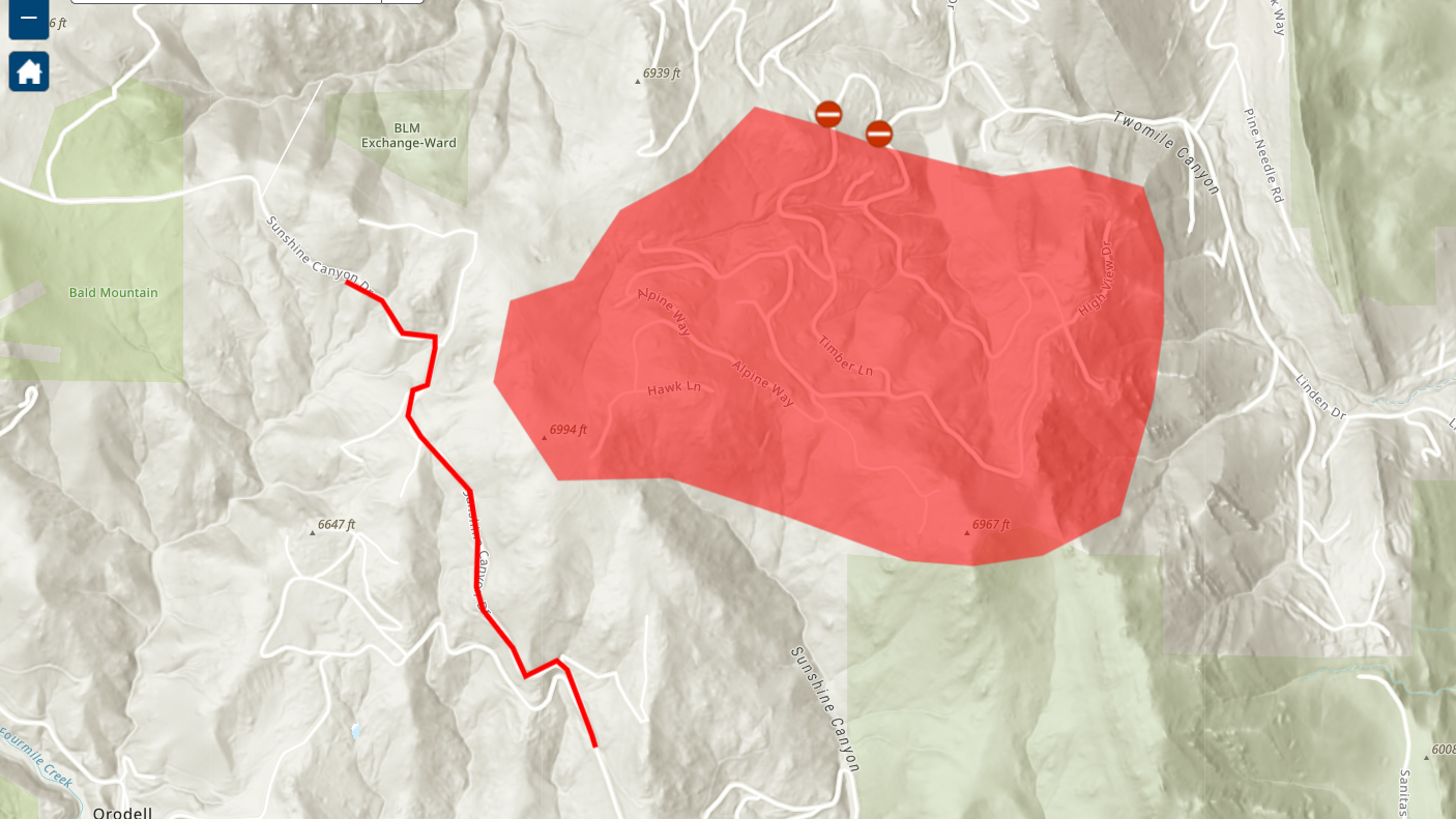 Evacuations and road closures from the Sunshine Canyon Fire are still in place Tuesday. (Boulder OEM)