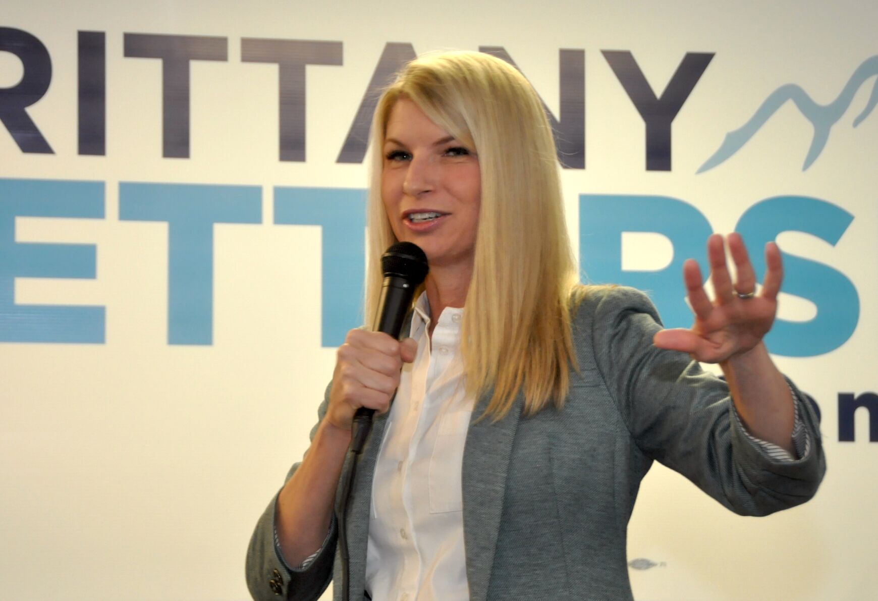 Democratic congressional candidate Brittany Pettersen, a Colorado state senator, welcomes supporters to the opening of a campaign office in Arvada on Oct. 4, 2022. Pettersen won election on Nov. 8, 2022, to represent Colorado's 7th Congressional District. ((Ernest Luning/Colorado Politics))