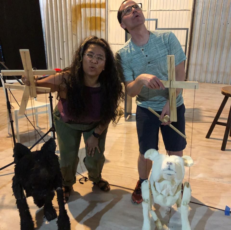 Andrew Rosendorf and Satya Chávez work with Adolfo Romero's puppets at a 2019 development workshop for 'Refuge' in Mexico. (Courtesy Curious Theatre)
