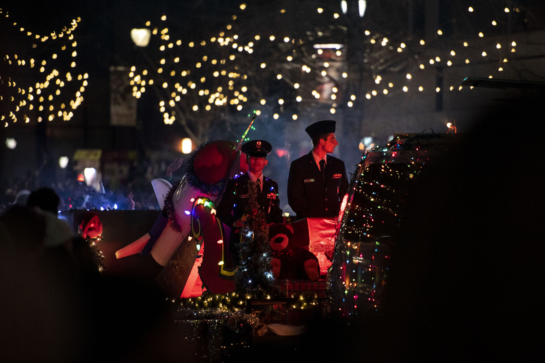 The 38th annual Festival of Lights parade in downtown Colorado Springs on Saturday, Dec. 4, 2021. Thousands of attendees lined the sidewalks of Tejon Street to watch the “Songs of the Season” 2021 theme parade floats and performers glowing with lights. The Gazette) (Chancey Bush/ The Gazette)
