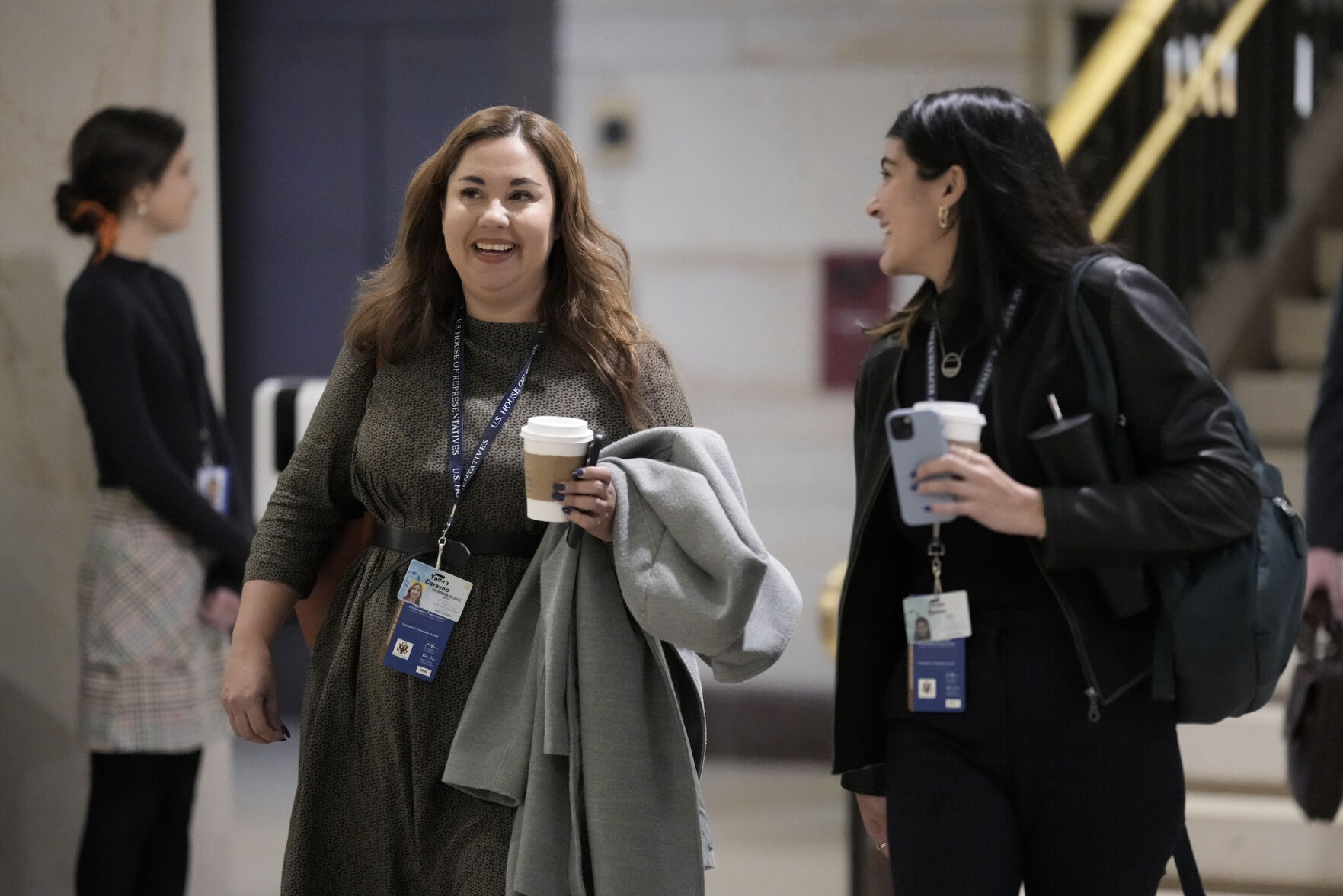 U.S. Rep.-elect Yadira Caraveo, a Thornton Democrat, left, smiles as she arrives on Capitol Hill in Washington on Nov. 14, 2022. ((AP Photo/J. Scott Applewhite))