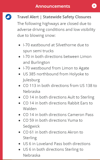 The Colorado Department of Transportation posted a list of road closures on its Twitter account on Dec. 22.