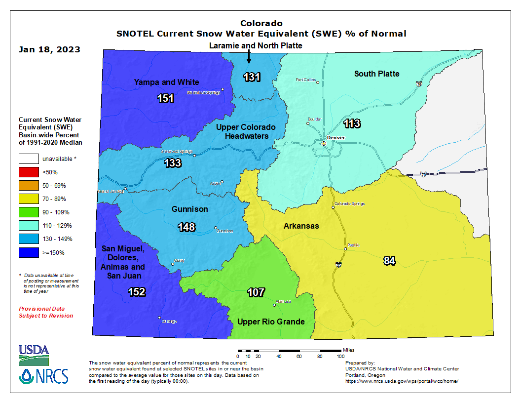 Colorado snowpack median as of Jan. 18, 2023. (Colorado Snow Survey)