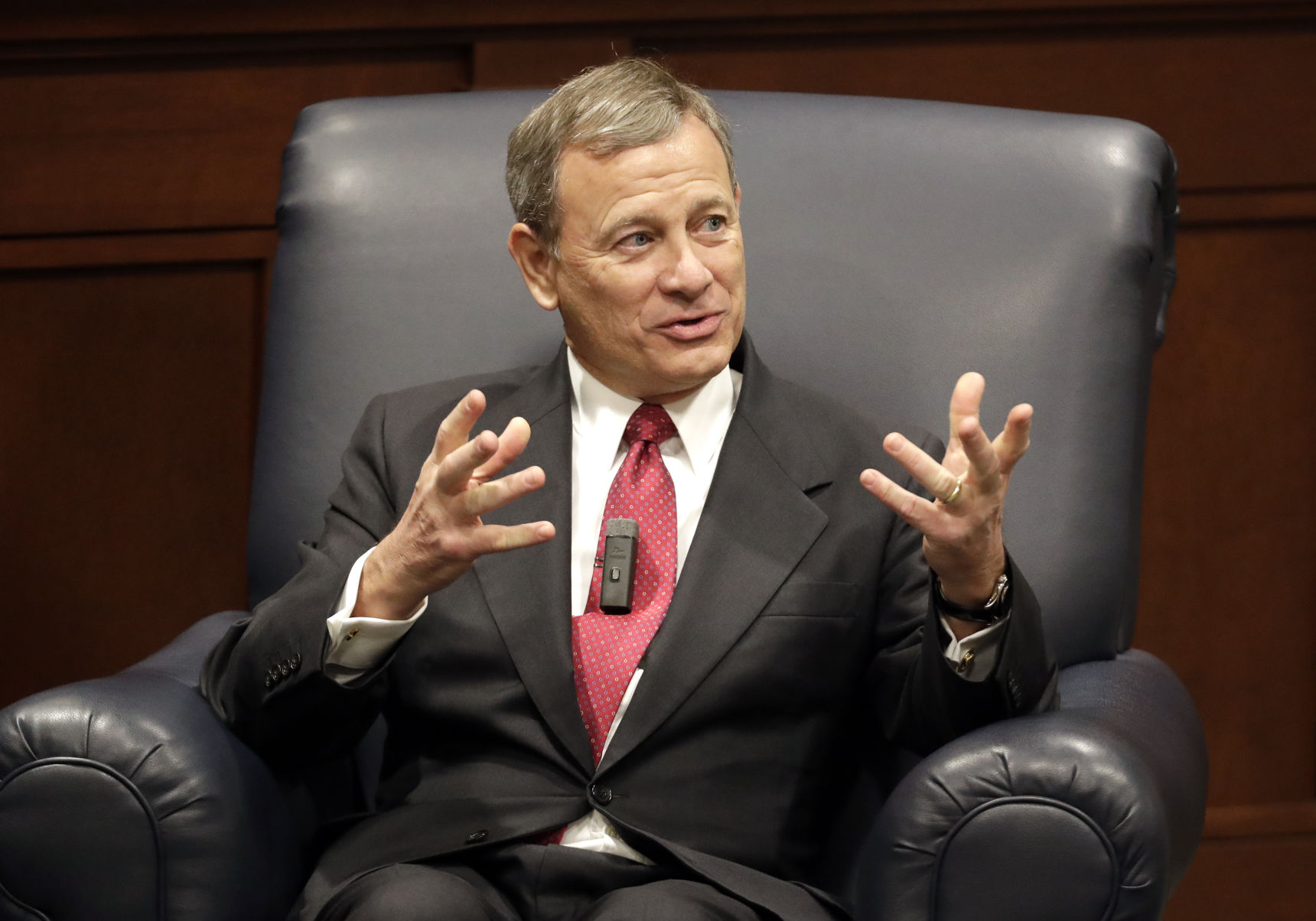 Supreme Court Chief Justice John Roberts answers questions during an appearance at Belmont University Wednesday, Feb. 6, 2019, in Nashville, Tenn. (Mark Humphrey / AP)