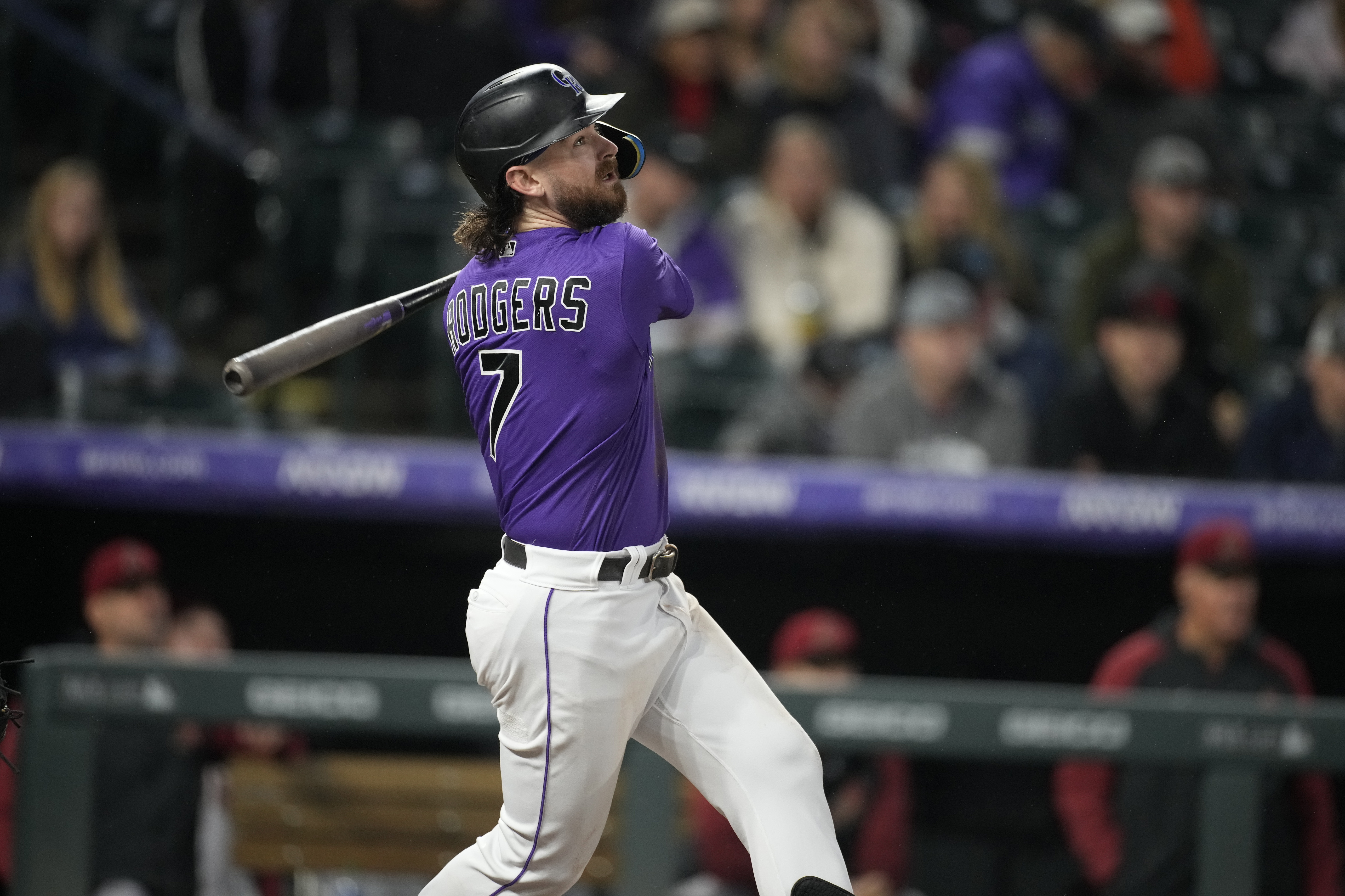 Colorado Rockies second baseman Brendan Rodgers (7) in the fourth inning of a baseball game Saturday, Sept. 10, 2022, in Denver. (AP Photo/David Zalubowski) (David Zalubowski)