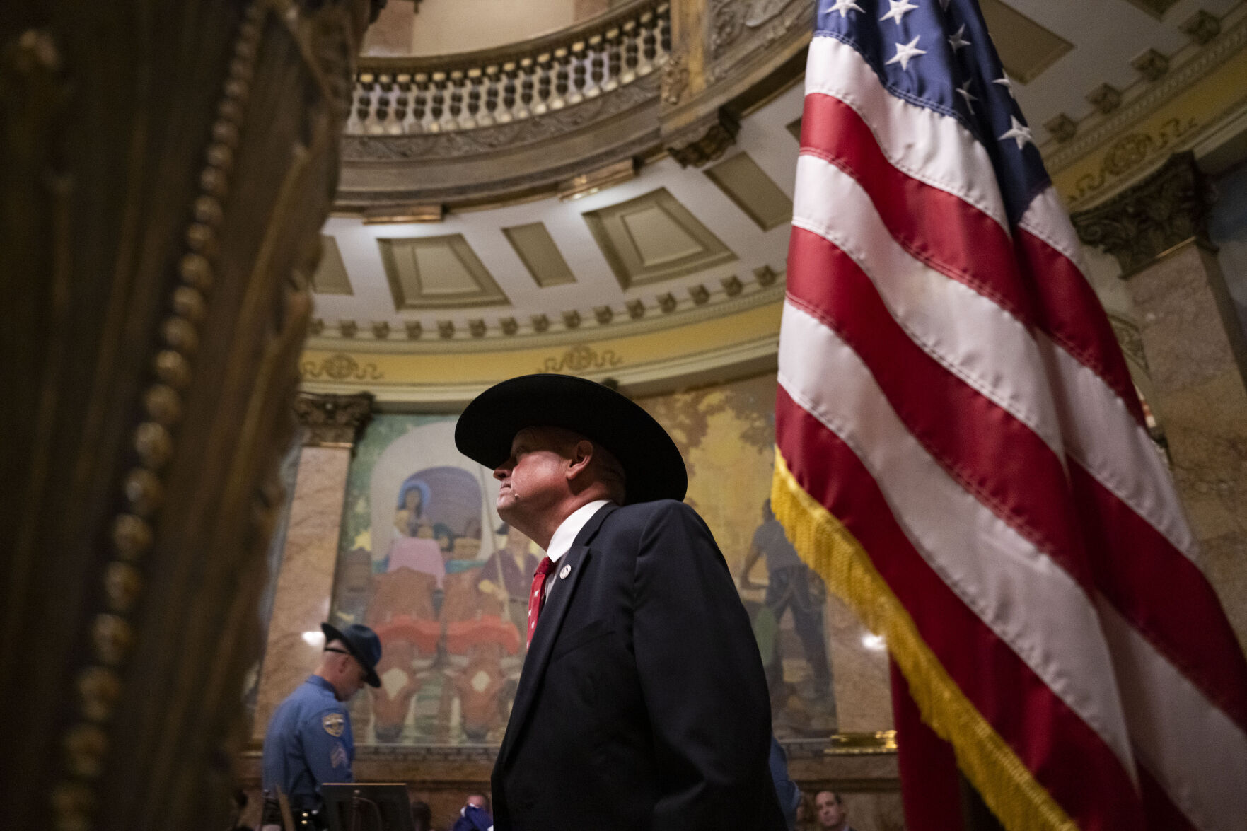 Newly elected minority house leader Rep. Mike Lynch walks up the main stairs before giving remarks during a ceremony preceding the lying in state of Colorado House Minority Leader Rep. Hugh McKean on Thursday, Nov. 10, 2022, in the rotunda of the Colorado State Capitol building in Denver, Colo. (Timothy Hurst/The Gazette) (TIMOTHY HURST/DENVER GAZETTE)