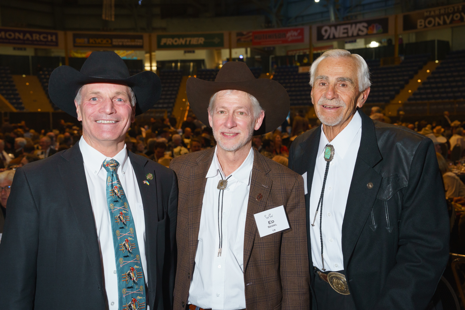 Wyoming Governor Mark Gordon, left, with University of Wyoming President, Ed Seidel, and Eli Bebout, both former Wyoming Senate President and former Wyoming Speaker of the House. The National Western Stock Show 2023 Citizen of the West award dinner at the National Western Events Center in Denver, Colorado, on Monday, Jan. 9, 2023. Photo StevePeterson.photo (STEVE PETERSON/SPECIAL TO THE DENVER GAZETTE)