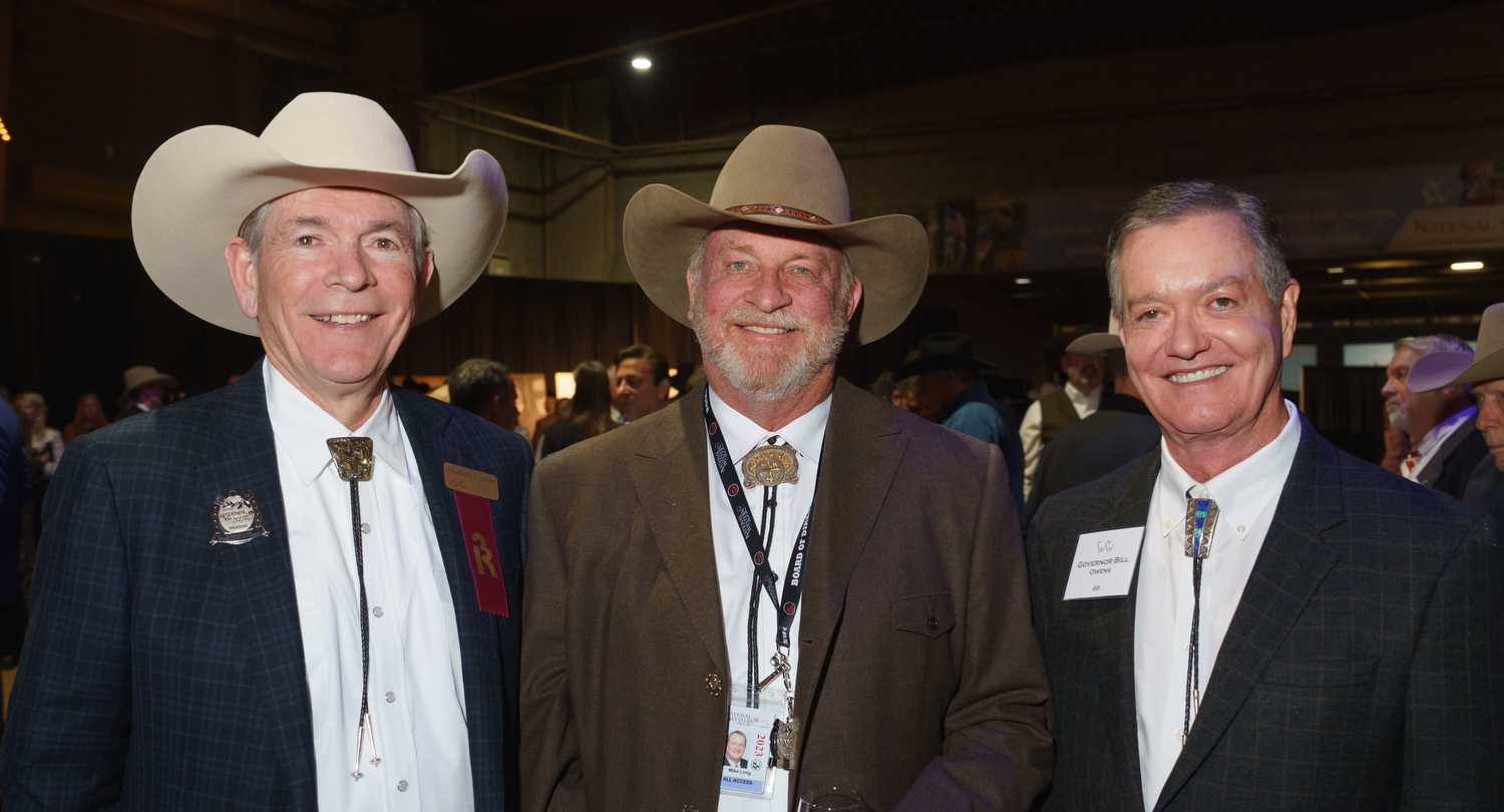 Doug Jones, National Western Board Chair; Mike Long, Arrow Electronics Chairman; and former Colorado Governor Bill Owens. The National Western Stock Show 2023 Citizen of the West award dinner at the National Western Events Center in Denver, Colorado, on Monday, Jan. 9, 2023. Photo StevePeterson.photo (STEVE PETERSON/SPECIAL TO THE DENVER GAZETTE)