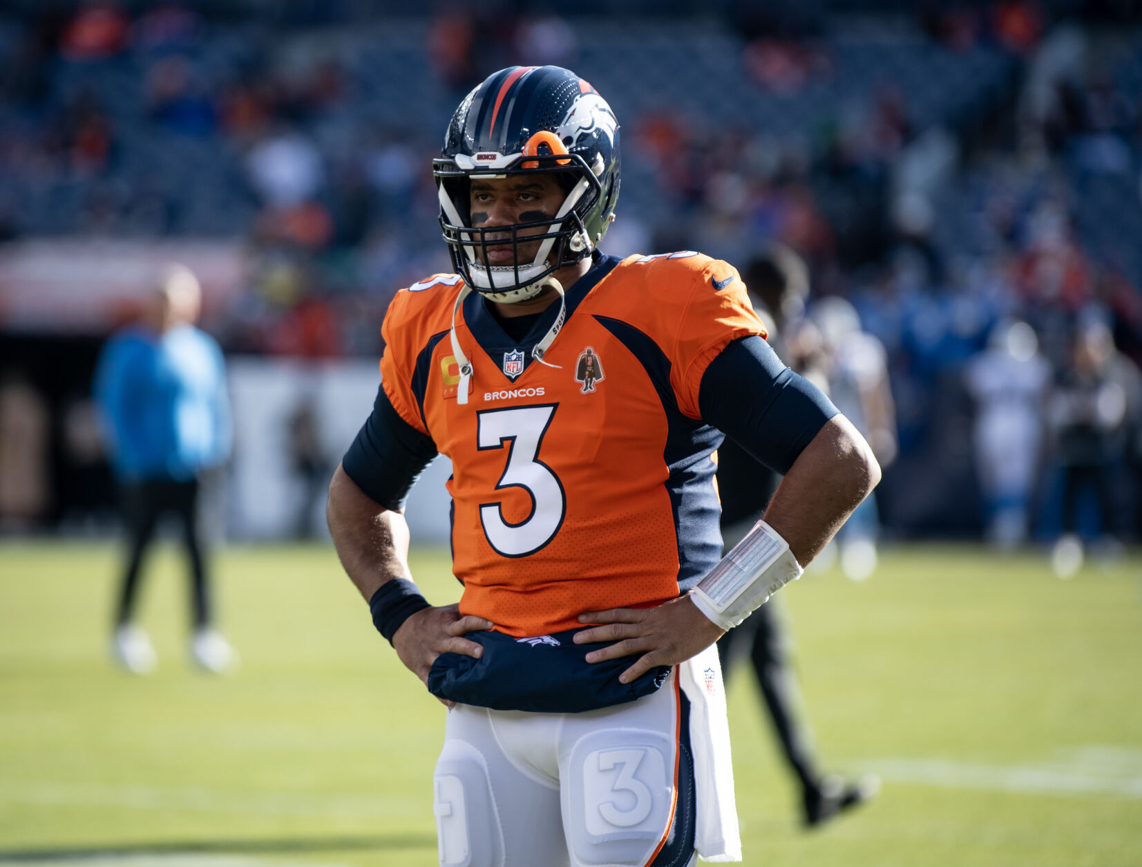 Denver Broncos quarterback Russell Wilson (3) before the last regular season game Sunday, Jan. 8, 2023 at Empower Field at Mile High in Denver. (Parker Seibold, The Gazette) (Parker Seibold)