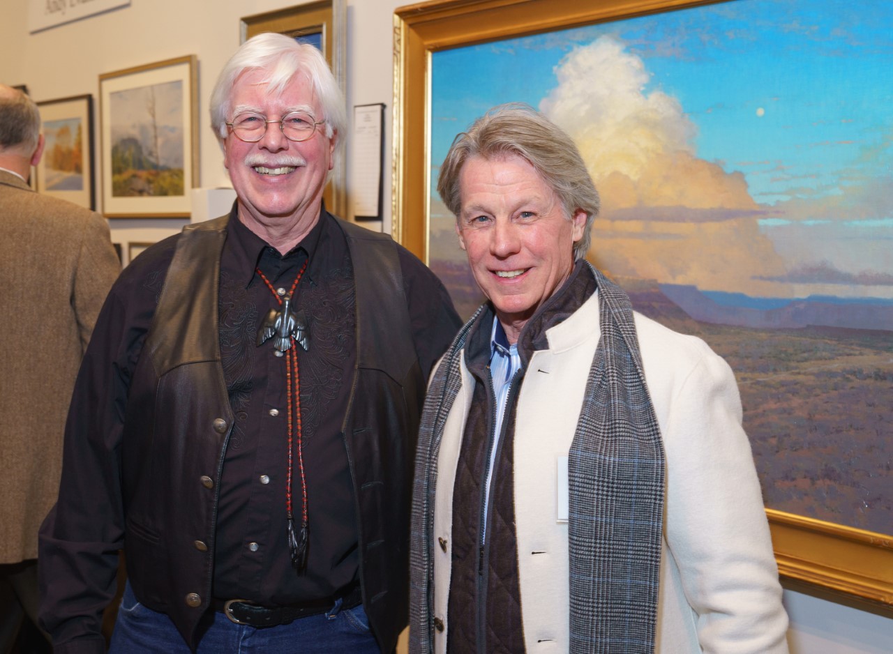 Tim Newton, publisher of Western Art & Architecture magazine, and artist David Griffin. The 30th Coors Western Art Exhibit & Sale Red Carpet Reception at the National Western Stock Show Expo Hall, Coors Western Art Gallery, in Denver, Colorado, on Tuesday, Jan. 3, 2023. Photo StevePeterson.photo (STEVE PETERSON/SPECIAL TO COLORADO POLITICS)