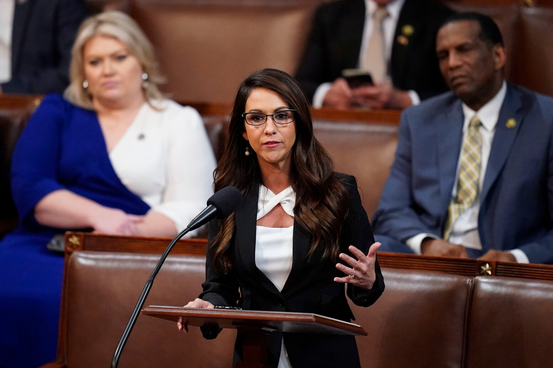 Rep. Lauren Boebert, R-Colo., nominates Rep. Byron Donalds, R-Fla., in the House chamber as the House meets for a second day to elect a speaker and convene the 118th Congress in Washington on Wednesday, Jan. 4, 2023. ((AP Photo/Alex Brandon))