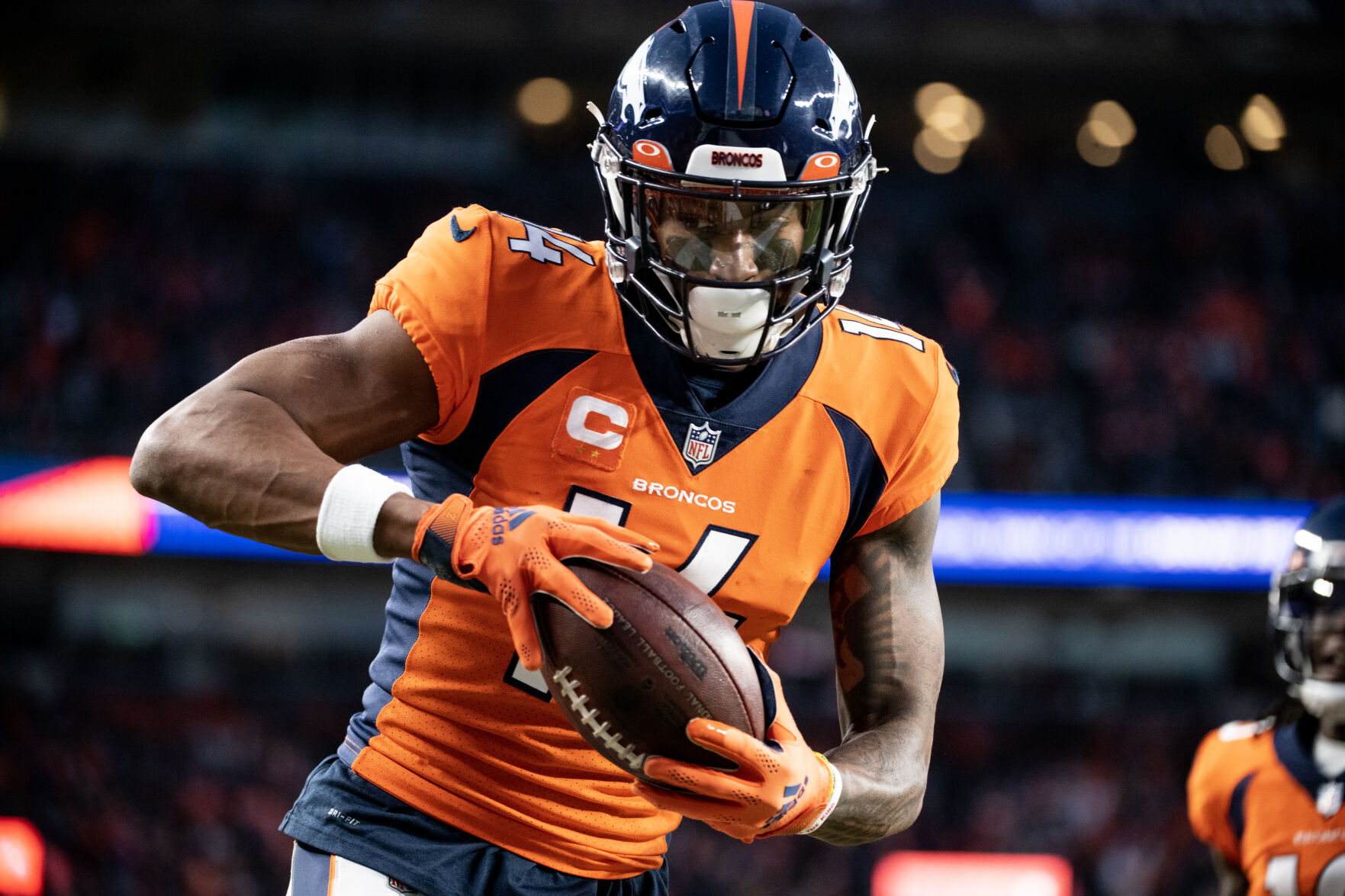 Denver Broncos wide receiver Courtland Sutton (14) scores a touchdown in the second half of the last regular season game Sunday, Jan. 8, 2023 at Empower Field at Mile High in Denver. (Parker Seibold, The Gazette) (Parker Seibold)