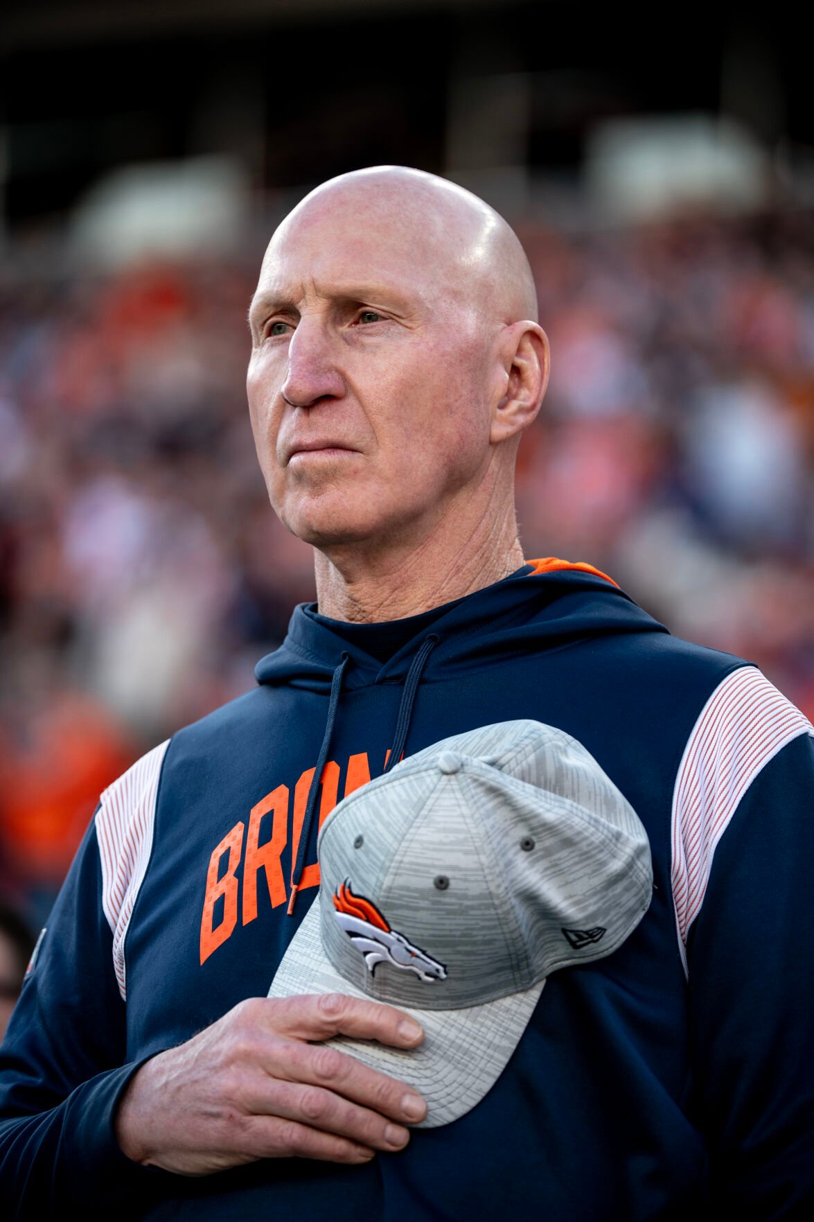Denver Broncos interim head coach Jerry Rosburg stands for the National Anthem at the start of a NFL game Sunday, Jan. 8, 2023 at Empower Field at Mile High in Denver. (Parker Seibold, The Gazette) (Parker Seibold)