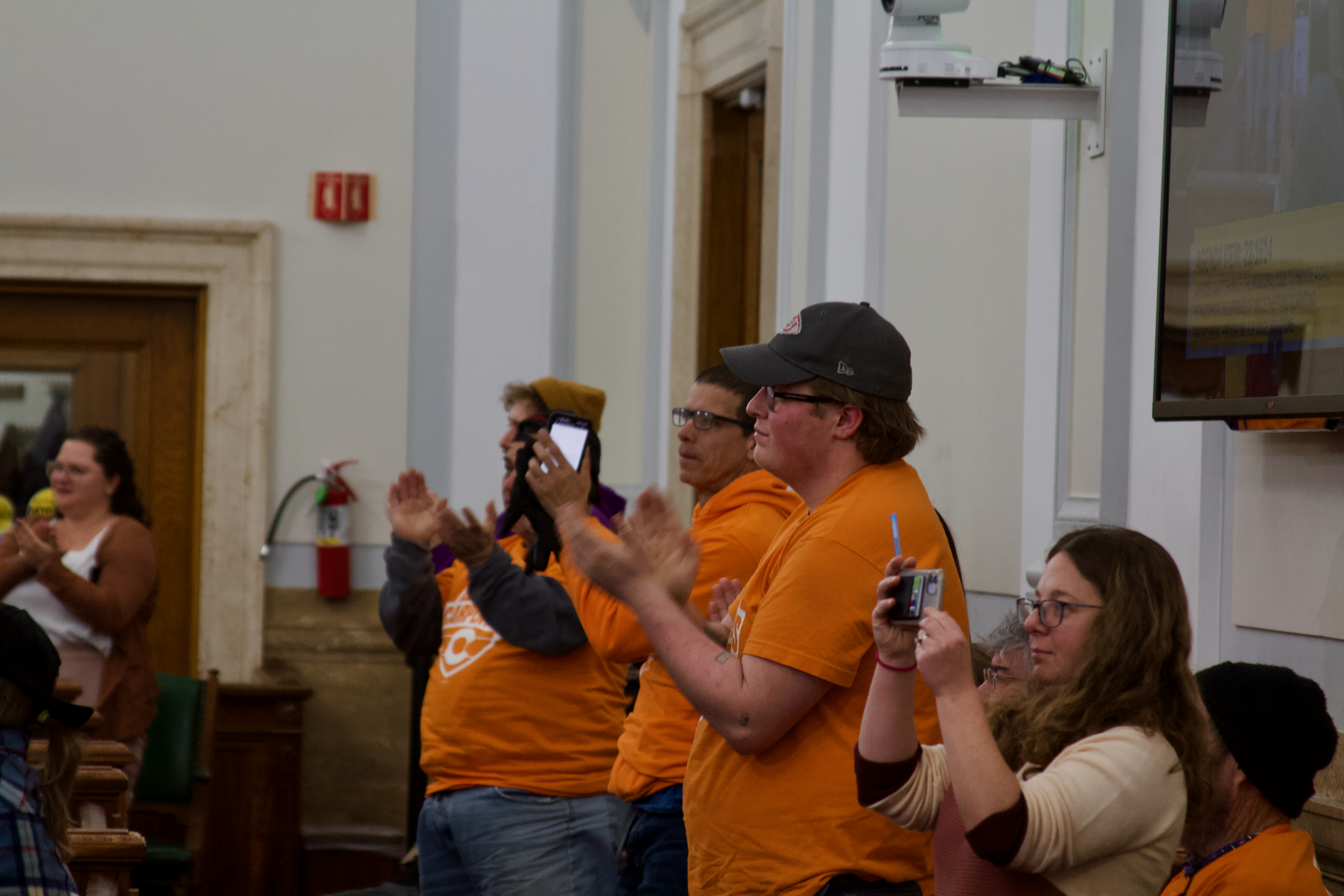 Local 555 members cheer during the passage of a bill increasing protections for workers at risk of experiencing wage theft. (Alex Edwards/The Denver Gazette) (ALEX EDWARDS/THE DENVER GAZETTE)