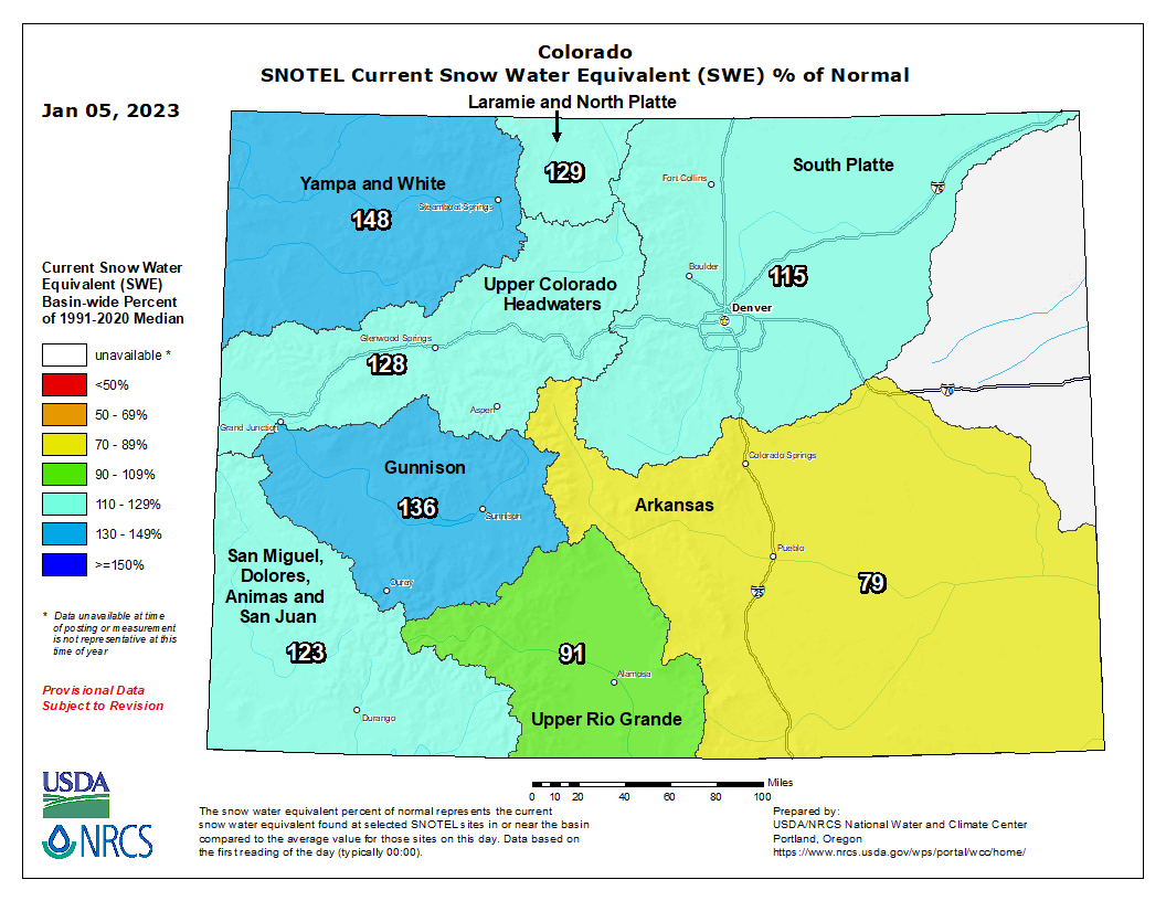 This graphic shows snowfall levels for Colorado as of Thursday. More than half of Colorado has snowfall levels that exceed average snowfall levels at this time of year. (COURTESY of U.S. DEPARTMENT OF AGRICULTURE)