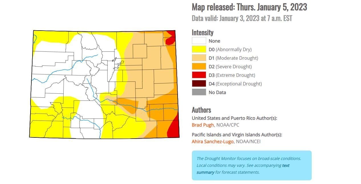 Colorado drought conditions as of Jan. 6, 2023, courtesy US Drought Monitor.