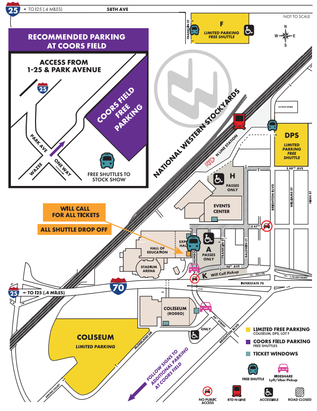 A National Western Complex map showing available parking. With Martin Luther King Jr. holiday weekend crowds, expect parking to fill quickly and plan accordingly. (COURTESY OF THE NATIONAL WESTERN STOCK SHOW)