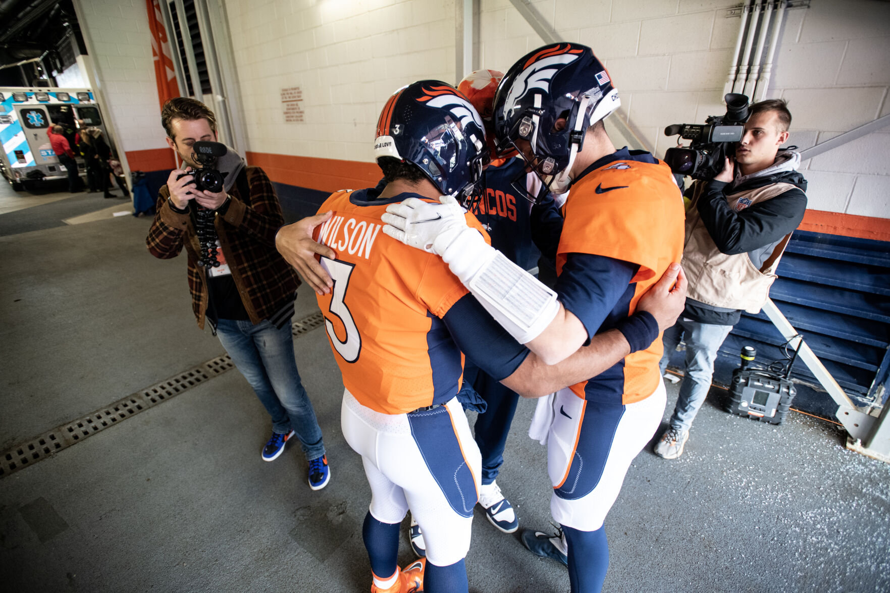 Denver Broncos quarterbacks Russell Wilson (3) and Brett Rypien (4) before the last regular season game Sunday, Jan. 8, 2023 at Empower Field at Mile High in Denver. (Parker Seibold, The Gazette) (Parker Seibold)