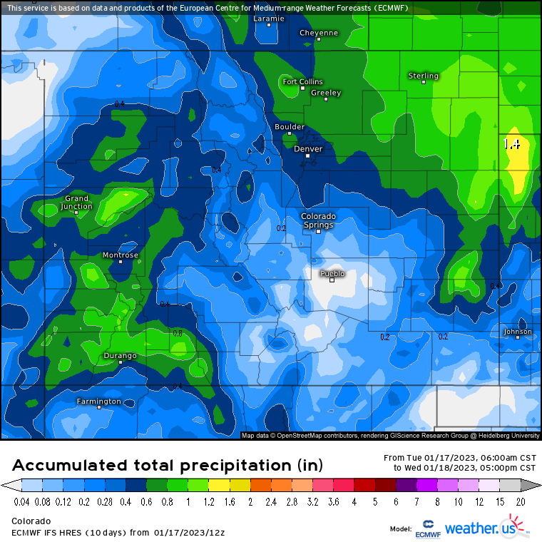 A Weather.us forecast model shows the potential accumulation levels of water-equivalent precipitation as of 5 p.m. Wednesday, Jan. 18, for Colorado. Depending on the density of the snow, one inch of water is equivalent to 10 inches of snow based on a common rule of thumb ratio of 10:1. (Weather.us)