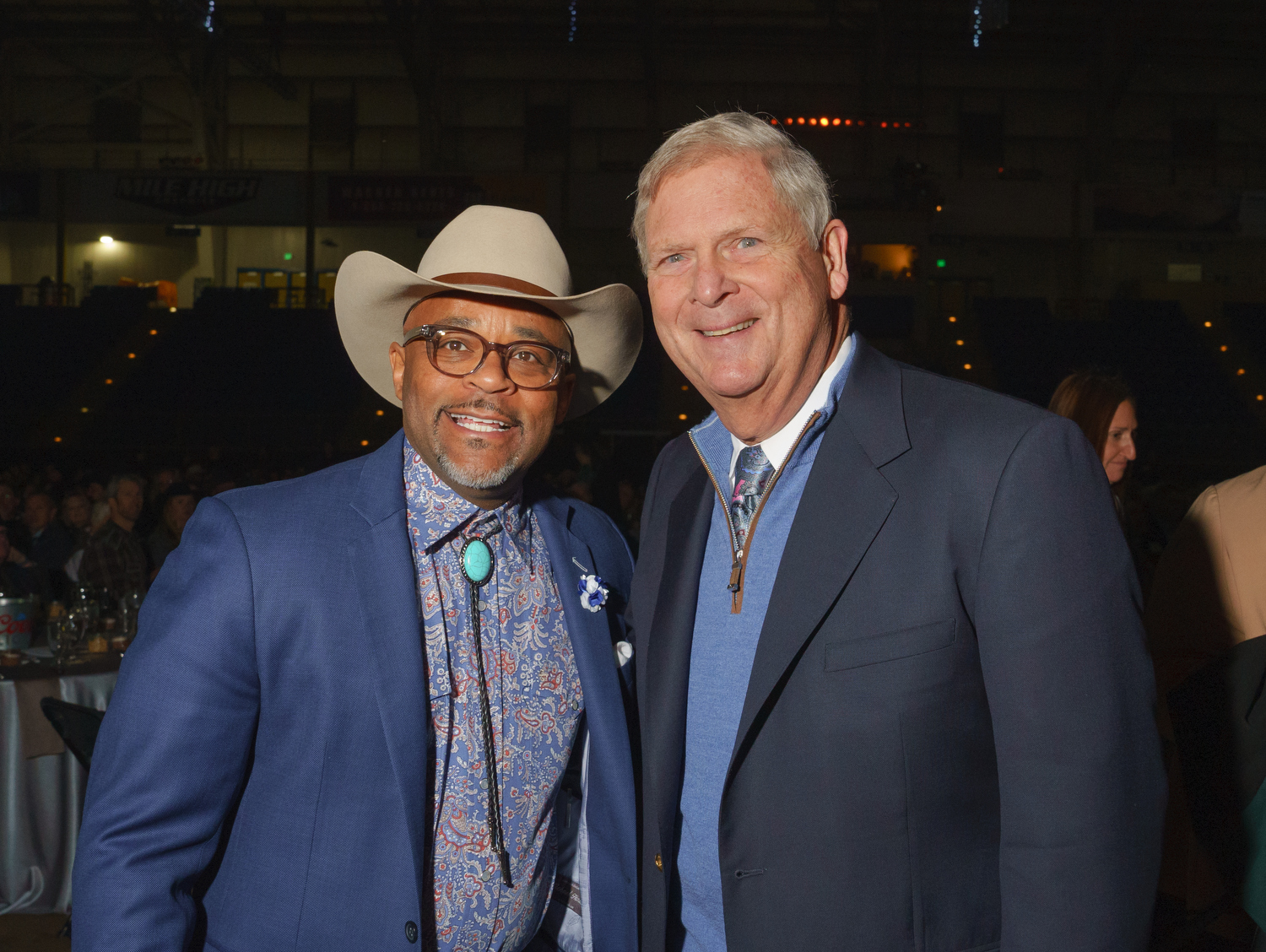 Denver Mayor Michael B. Hancock and Tom Vilsack, U.S. Secretary of Agriculture. Boots ’n Business event, hosted by the Denver Metro Chamber of Commerce, at the National Western Events Center in Denver, Colorado, on Friday, Jan. 6, 2023. Photo StevePeterson.photo (STEVE PETERSON/SPECIAL TO COLORADO POLITICS)