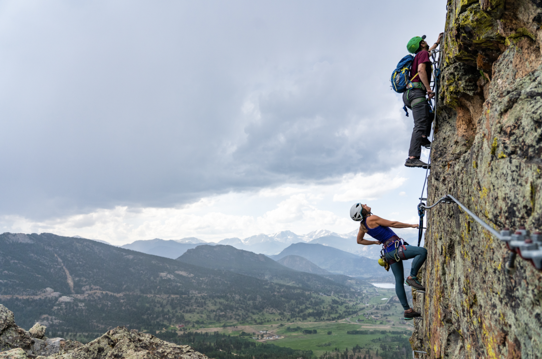 The new Cloud Ladder route in the via ferrata system at The Alpine Jewel in Estes Park. The route represents “a new bar for what’s possible on a via ferrata,” said its designer, Harry Kent. (courtesy of Dan Gambino)
