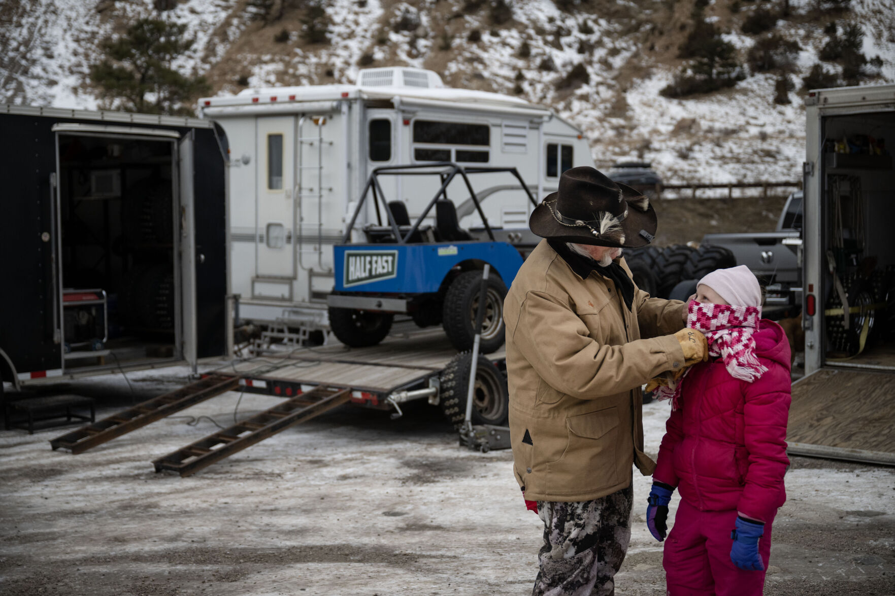 JR Davis helps pull down his granddaughter Aspen Davis’, 9, scarf during the first day of the Our Gang 4 Wheelers ice racing club’s 2023 racing season on Saturday, Jan. 7, 2023, in Georgetown, Colo (TimHursttim.hurst@gazette.comhttps://secure.gravatar.com/avatar/aca82bd62b4ee425c598527cd6faa1b1?d=mm&r=g)
