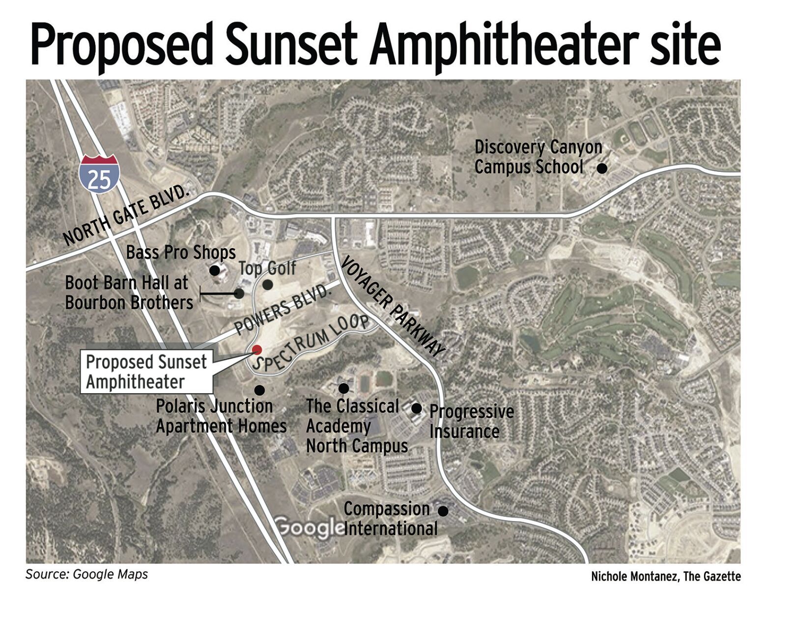 An aerial image shows the area in northern Colorado Springs where an 8,000-seat outdoor amphitheater had been proposed. (NICOLE MONTANEZ, THE GAZETTE)