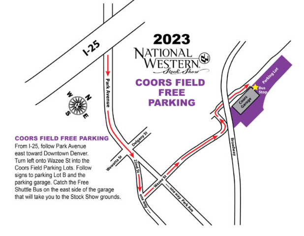 A map of the Coors Field parking lot near Broadway and Wazee Street, which opens at 8 a.m. with shuttles every 20 minutes to the National Western Complex Hall of Education. (COURTESY OF NATIONAL WESTERN STOCK SHOW)