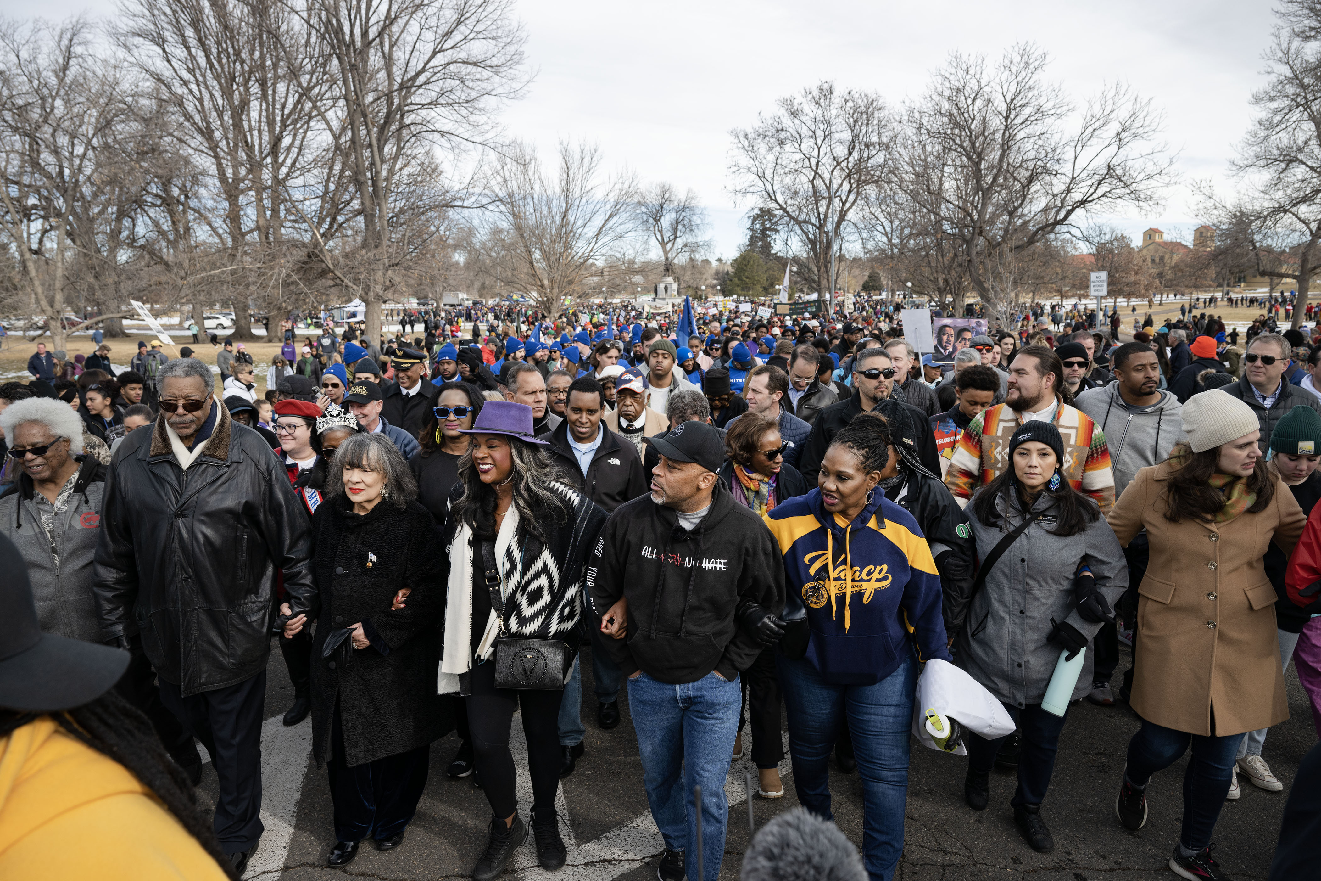 Current and former elected officials lead a section in prayer during Denver's annual Martin Luther King Jr. Day marade on Monday, Jan. 16, 2023, in Denver, Colo.(Timothy Hurst/The Denver Gazette) (TimHursttim.hurst@gazette.comhttps://secure.gravatar.com/avatar/aca82bd62b4ee425c598527cd6faa1b1?d=mm&r=g)