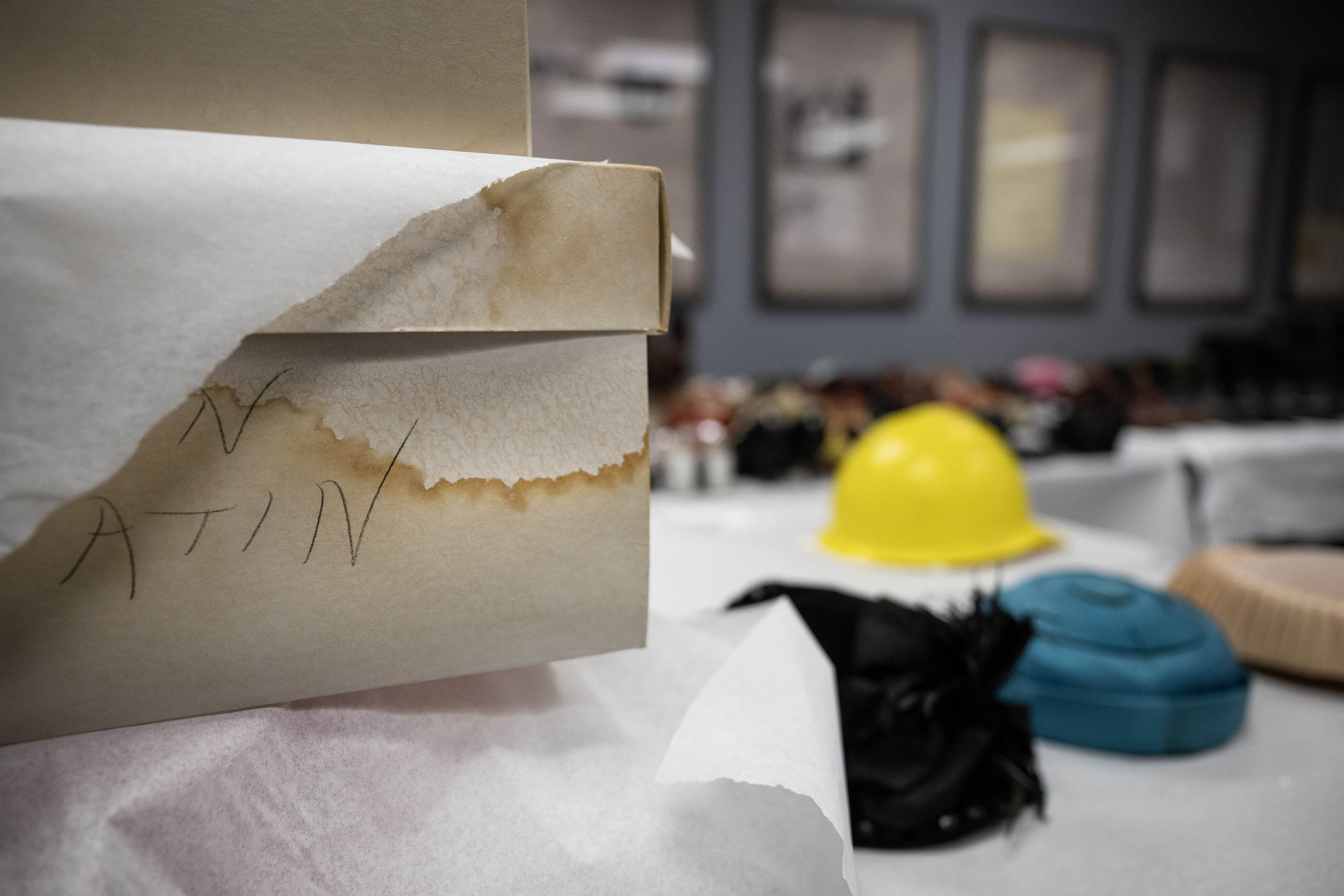 A water-damaged hat box is among the items found after a leaking water fountain had flooded and leaked down into the museum’s collections room last December, as seen on Thursday, Jan. 19, 2023, at the Aurora History Museum in Aurora, Colo. While some of the items in the museum’s costume collection, including hats, shoes and other garments, the boxes took the brunt of the water damage. (Timothy Hurst/The Denver Gazette) (TimHursttim.hurst@gazette.comhttps://secure.gravatar.com/avatar/aca82bd62b4ee425c598527cd6faa1b1?d=mm&r=g)