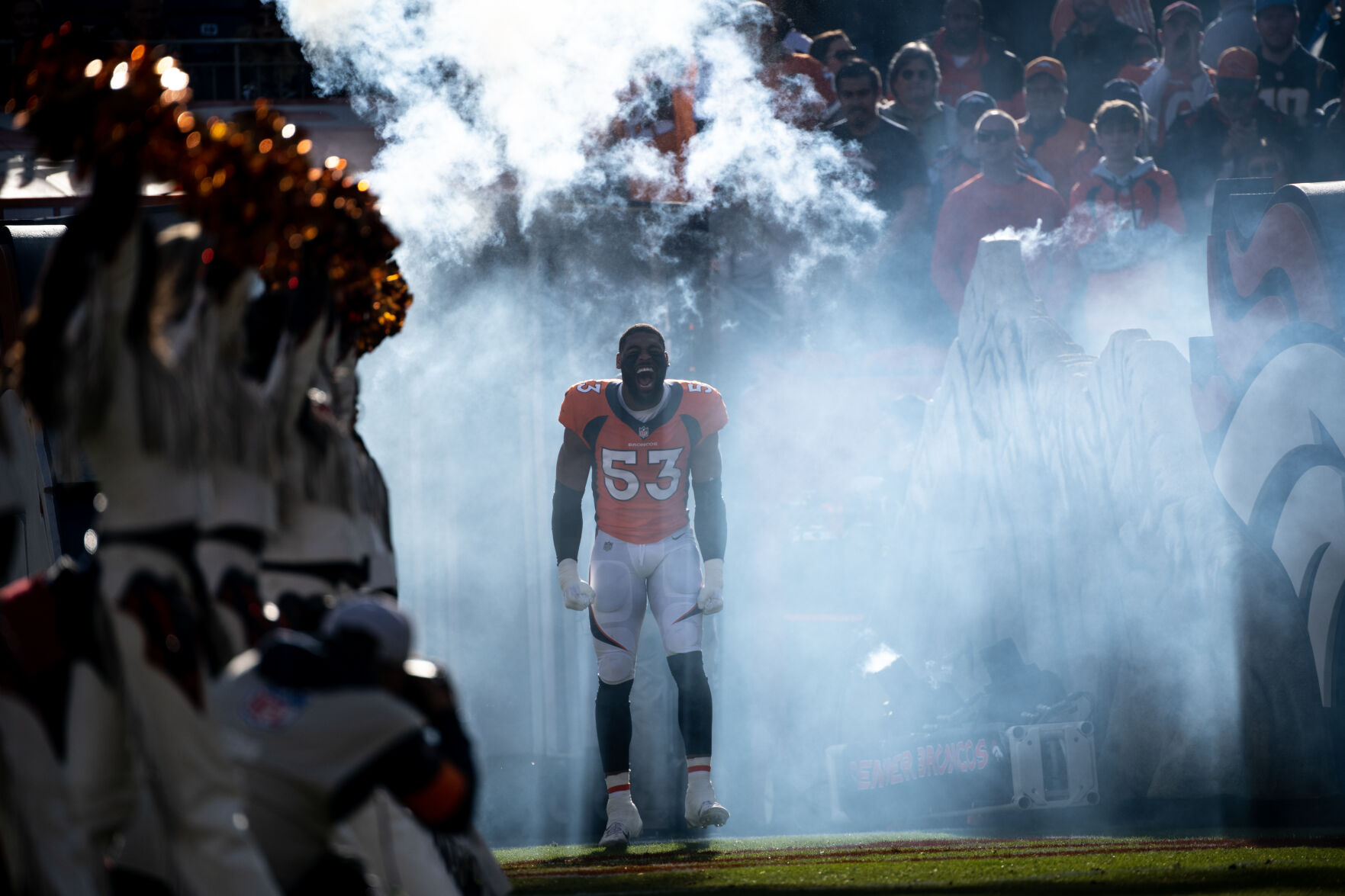 Denver Broncos linebacker Jonathon Cooper (53) enters the field at the start of a NFL game on Sunday, Jan. 8, 2023 at Empower Field at Mile High in Denver. (Parker Seibold, The Gazette) (Parker Seibold)