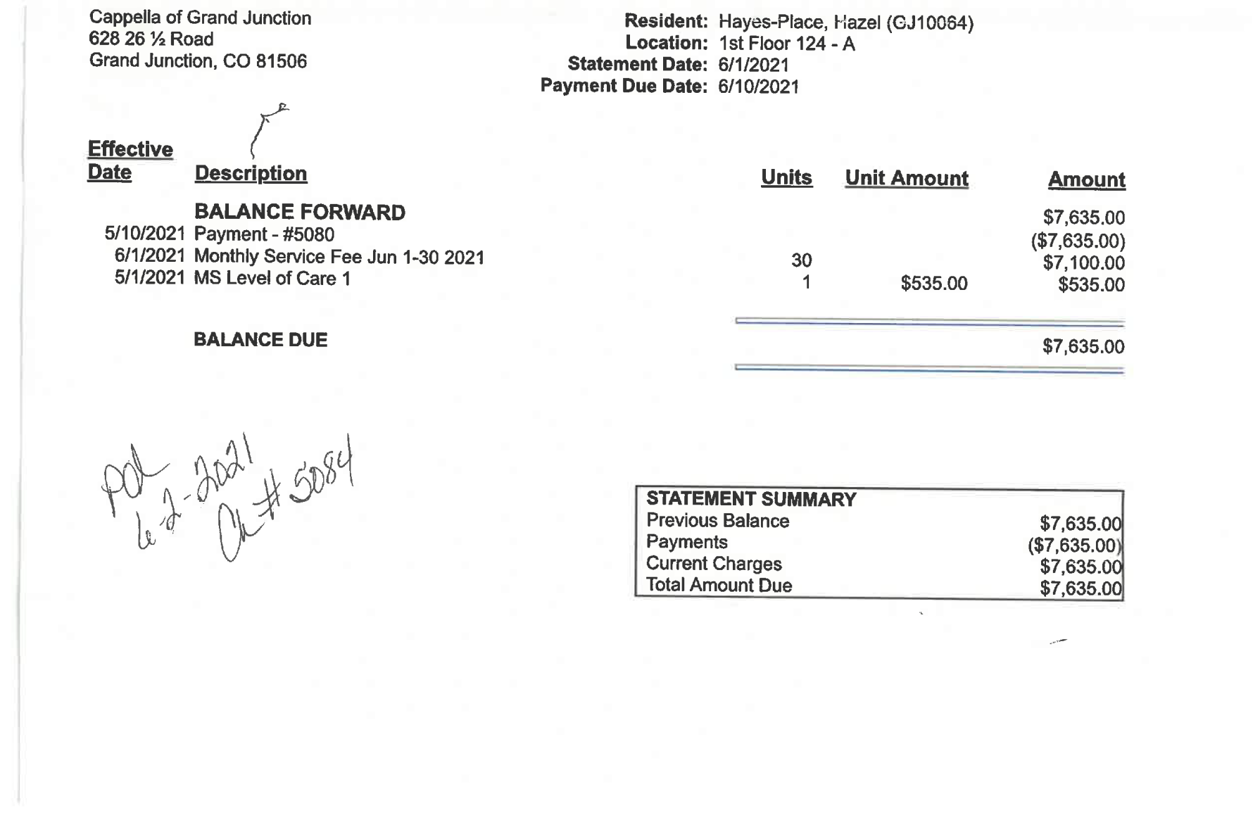 June 2021's monthly billing invoice of Hazel Place's unit at Cappella of Grand Junction, the care facility where Place died after she remained unattended in an interior courtyard for nearly six hours. (Hazel Place family)