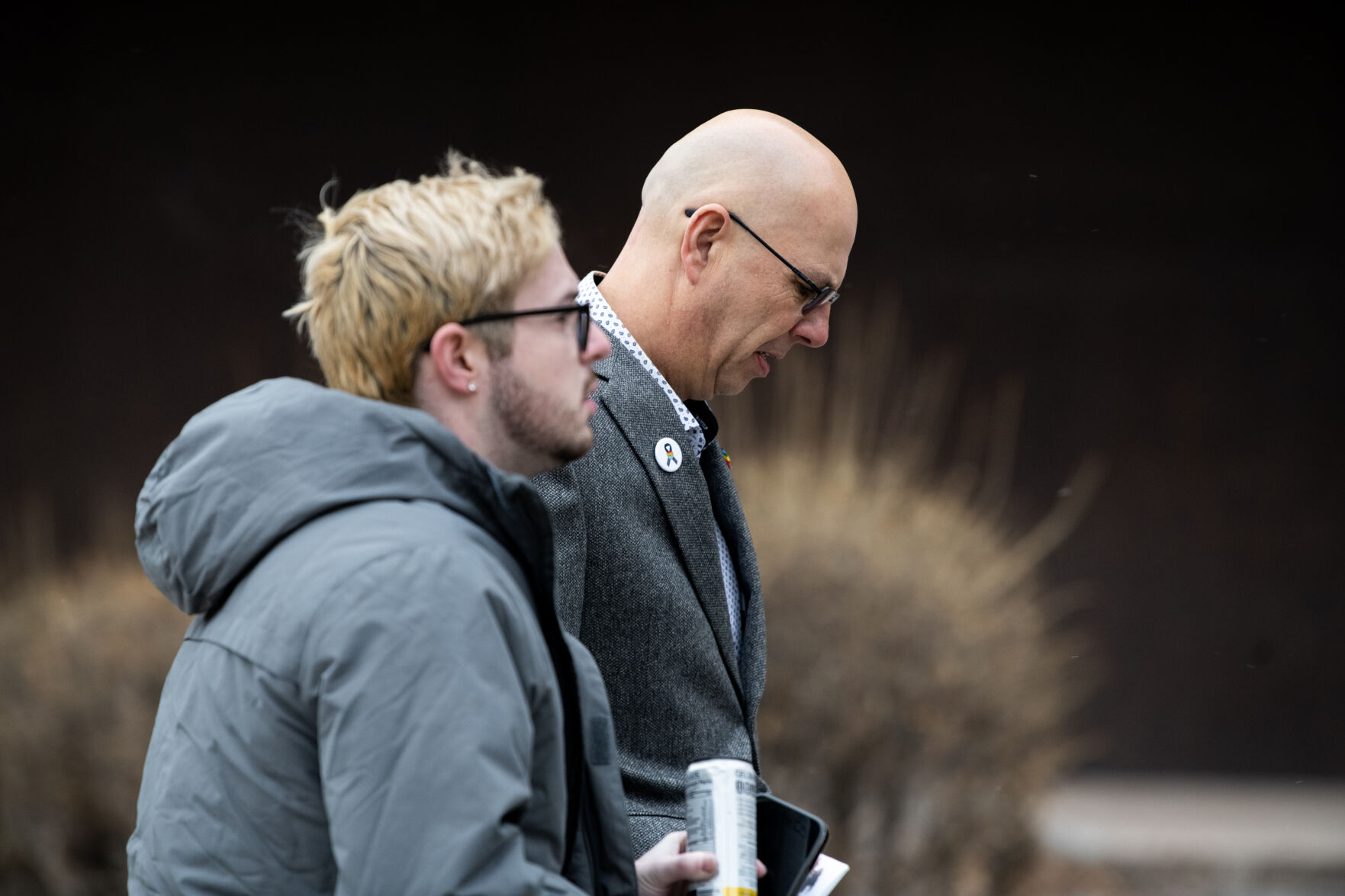 Club Q co-owner Matthew Haynes, right, walks with Michael Anderson, an employee and survivor of the shooting at Club Q into the El Paso County courthouse for a preliminary hearing for the alleged shooter in the Club Q mass shooting Wednesday, Feb. 22, 2023, in Colorado Springs, Colo. (Parker Seibold, The Gazette) (Parker Seibold)