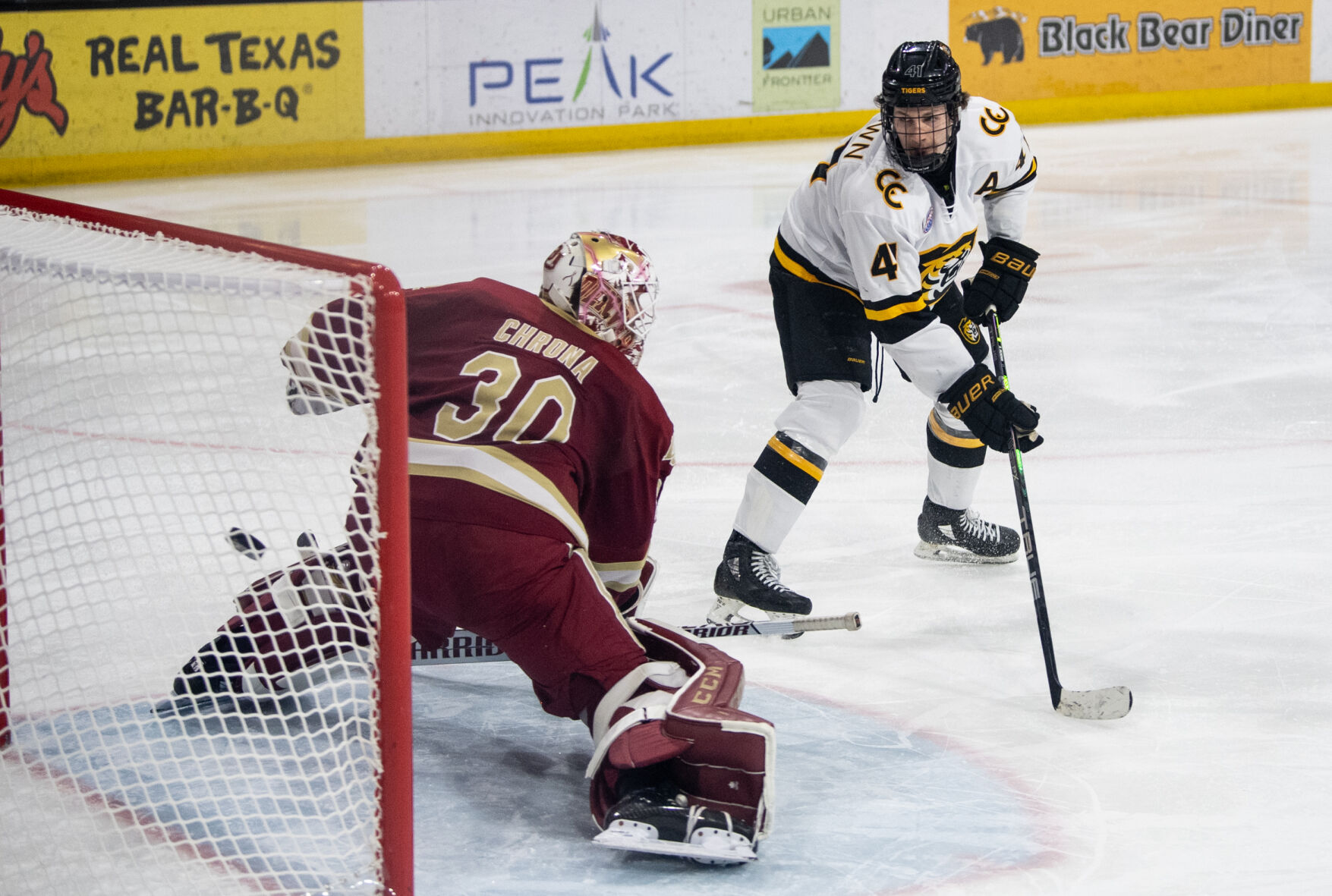 Colorado College forward Hunter McKown (41) scores a penalty shot in the third period of a hockey game on Saturday, Feb. 4, 2023, at Ed Robson Arena in Colorado Springs, Colo. The goal broke a three game streak that CC hadn’t scored on Denver University. (Parker Seibold, The Gazette) (Parker Seibold)