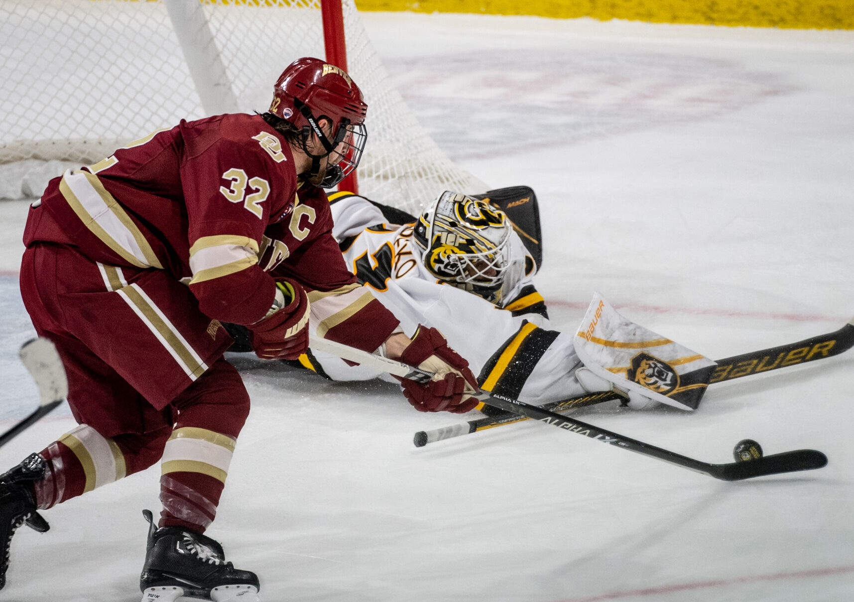 Colorado College goaltender Kaidan Mbereko (33) makes a save in the second period of a hockey game on Saturday, Feb. 4, 2023, at Ed Robson Arena in Colorado Springs, Colo. (Parker Seibold, The Gazette) (Parker Seibold)