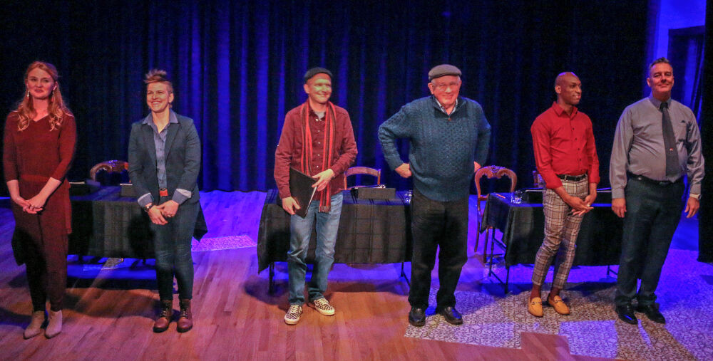 On Valentine's Day, the new Clover and Bee Productions staged A.R. Gurney's 'Love Letters' at The Savoy Denver using three nontraditional couples. The play originally called for one man and one woman. The event benefited the Denver Actors Fund. From left: Chloe and Susannah McLeod; Josh Hartwell and Jim Hunt; Tyrell D. Rae and Stuart Sanks. (JOHN MOORE/THE DENVER GAZETTE)