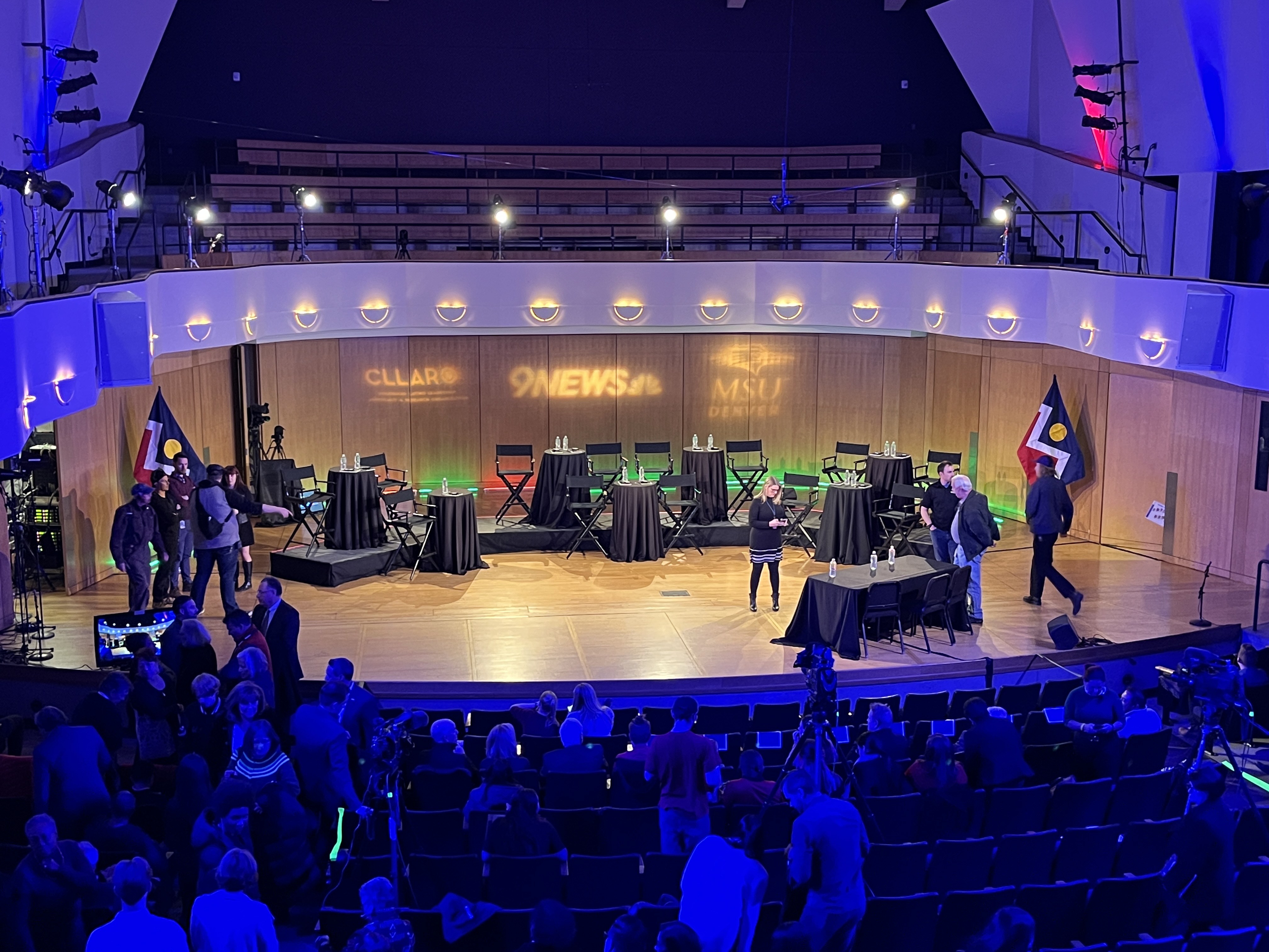 The stage at the second Denver Mayor's Debate hosted by 9News. Candidates clashed on issues ranging from rent control to the camping ban. (Alex Edwards/The Denver Gazette)