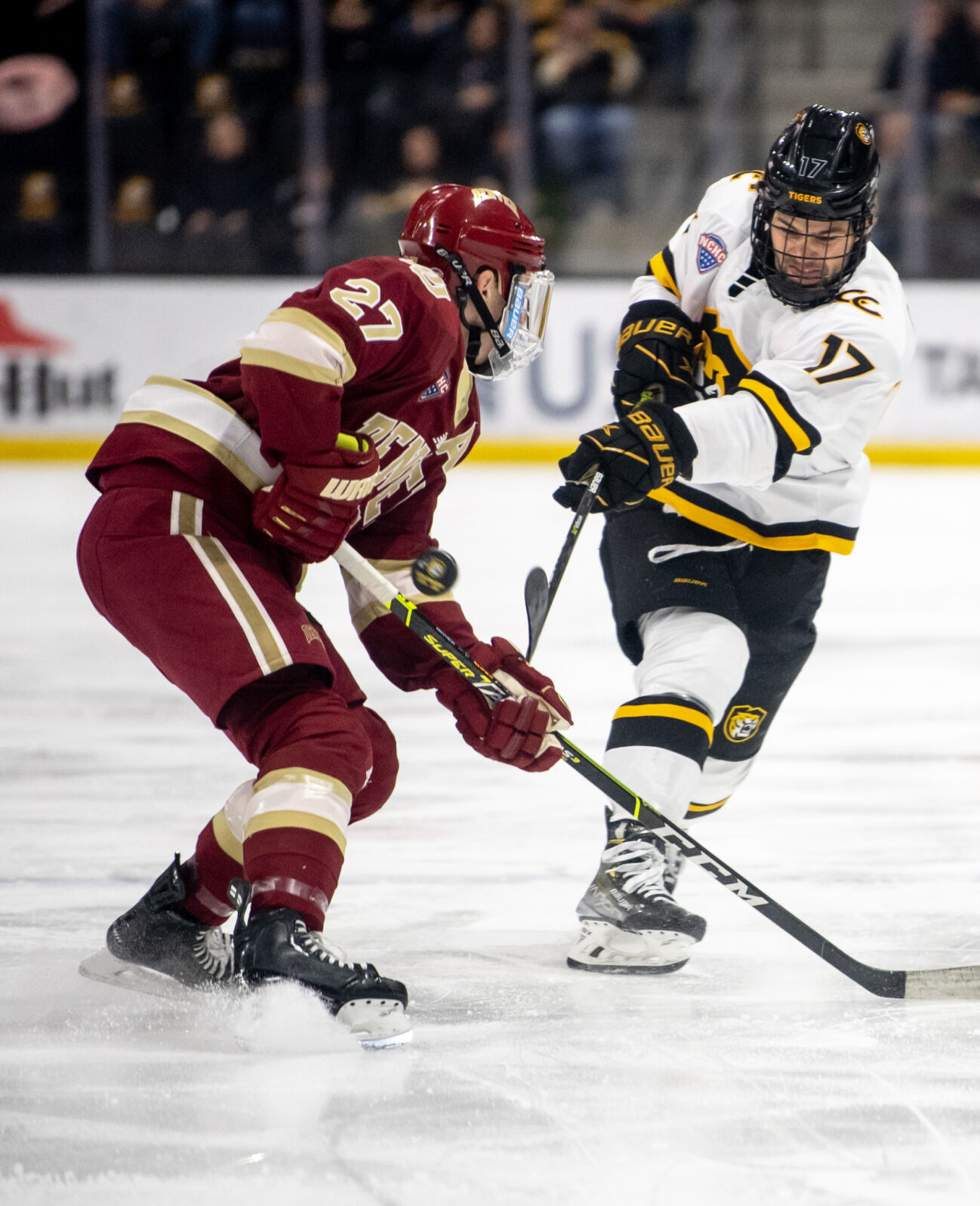 Colorado College forward Tyler Coffey (17) takes a shot on goal in the first period of a hockey game on Saturday, Feb. 4, 2023, at Ed Robson Arena in Colorado Springs, Colo. (Parker Seibold, The Gazette) (Parker Seibold)
