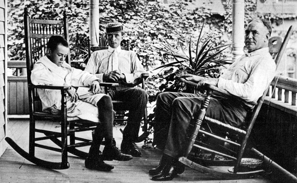 From left: Eugene, Jamie and James O’Neill in 1900 on the porch of their summer home in Connecticut. (KennedyCenter.Org)