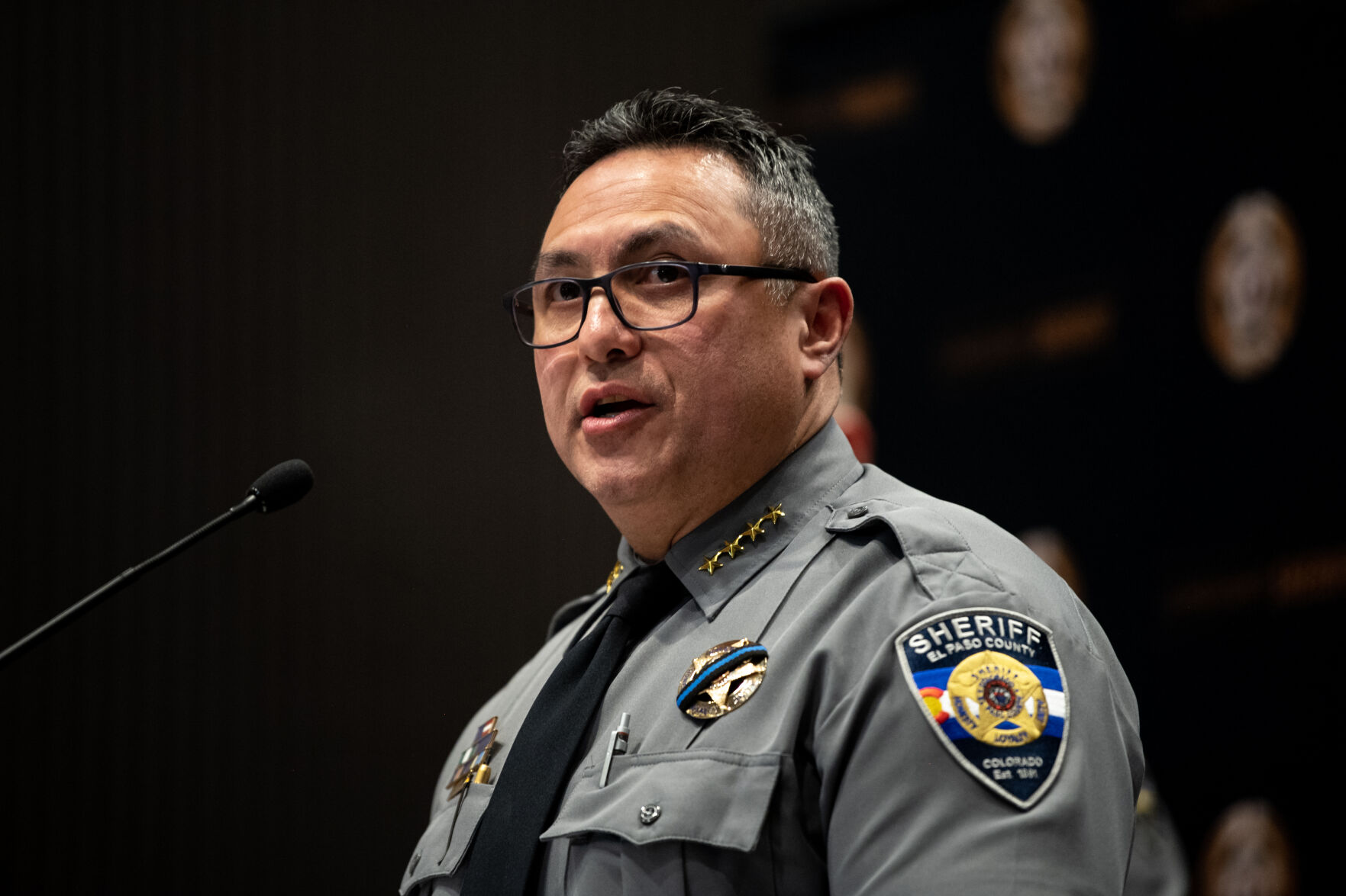 El Paso County Sheriff Joe Roybal speaks to reporters during a press conference regarding the conflict between the Mallery’s and their neighbor Teresa Clark, all farmers in Yoder, at Centennial Hall on Tuesday, Feb. 14, 2023. (Parker Seibold, The Gazette) (Parker Seibold)