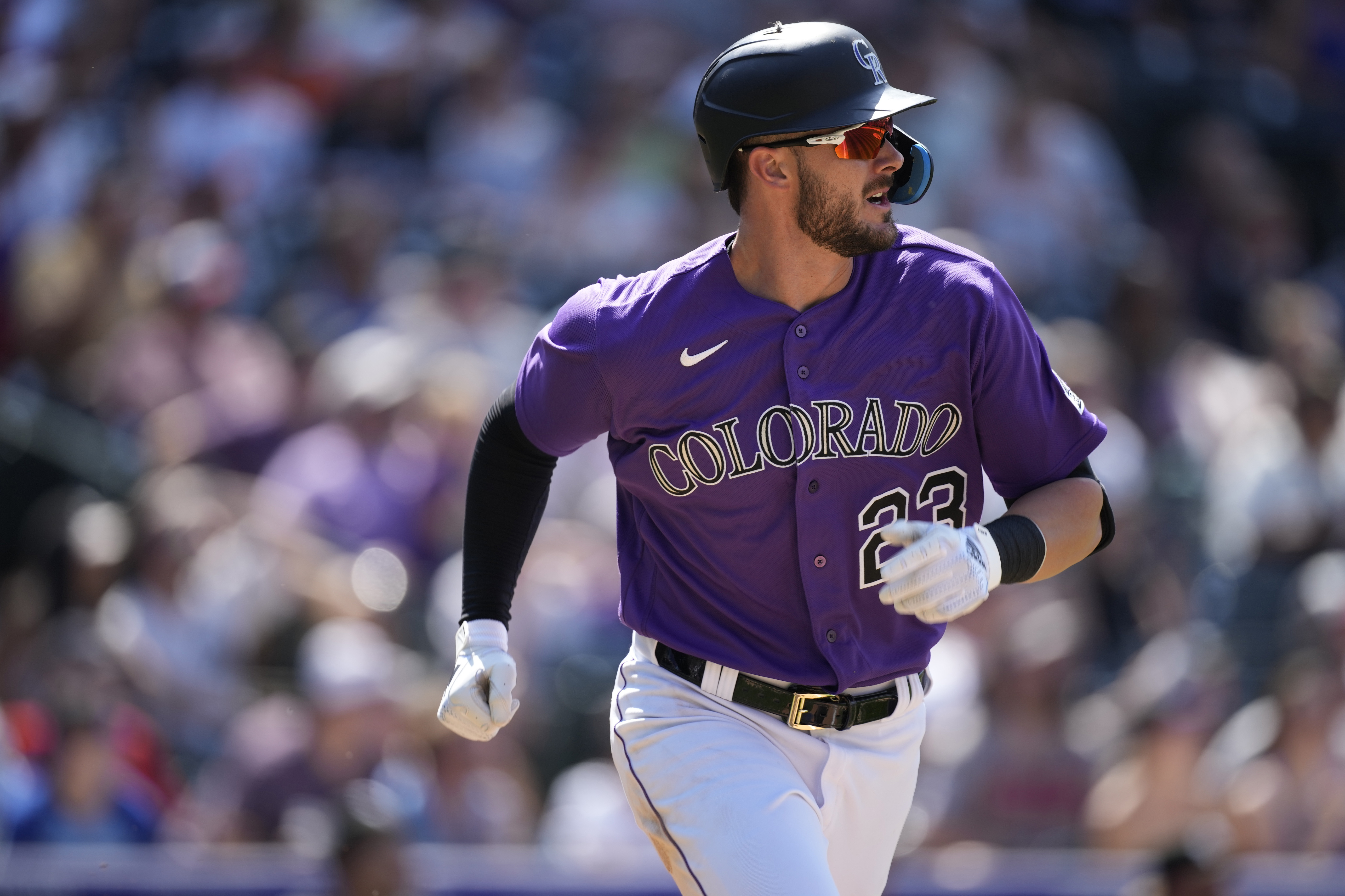 Colorado Rockies left fielder Kris Bryant (23) in the sixth inning of a baseball game Wednesday, July 27, 2022, in Denver. (AP Photo/David Zalubowski) (David Zalubowski)