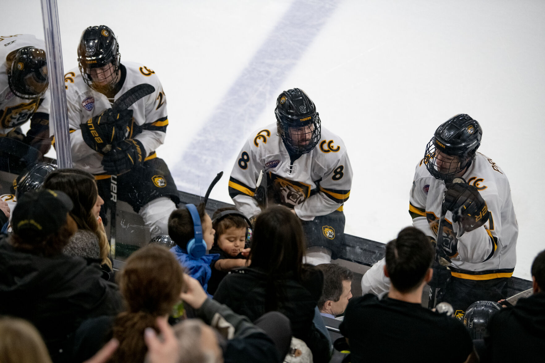 Colorado College hockey players sit on the bench during a timeout in the second period of a hockey game on Saturday, Feb. 4, 2023, at Ed Robson Arena in Colorado Springs, Colo. (Parker Seibold, The Gazette) (Parker Seibold)
